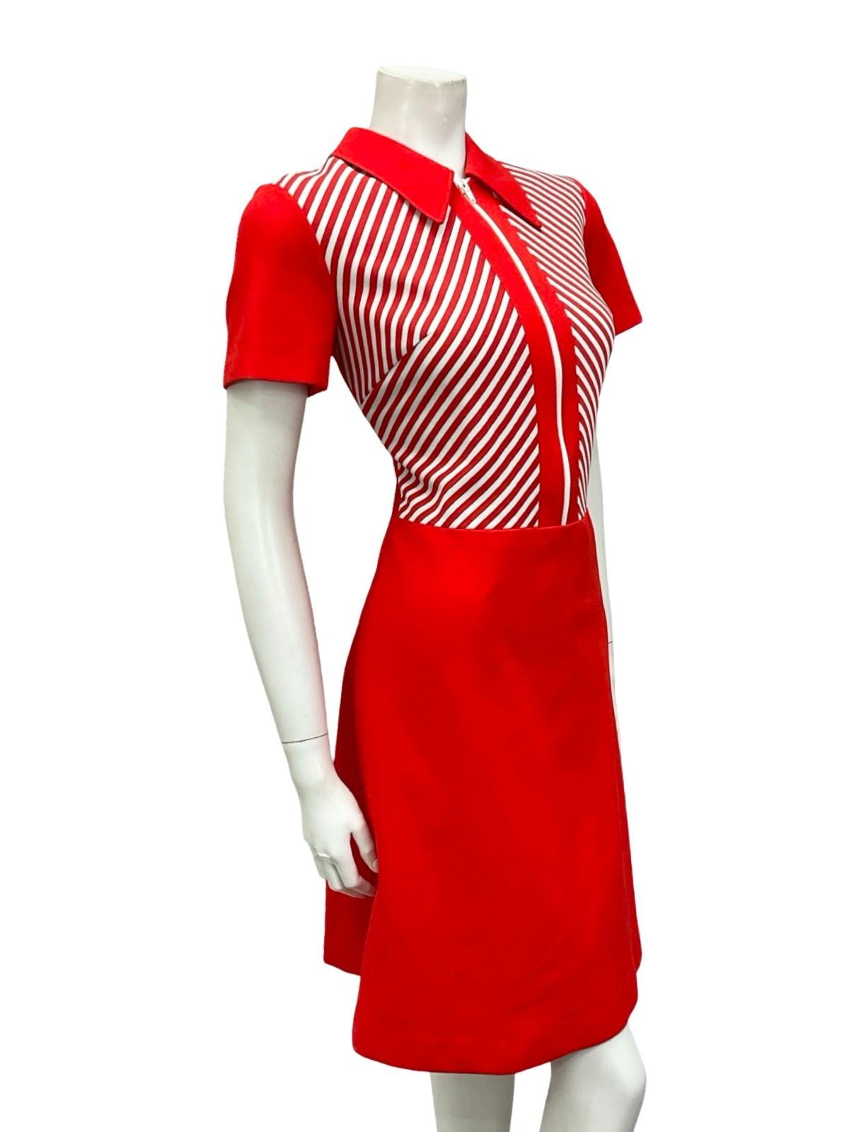 VTG 60S MOD GEOMETRIC RED WHITE STRIPED DAGGER ZIP UP A LINE SHIRT DRESS 10