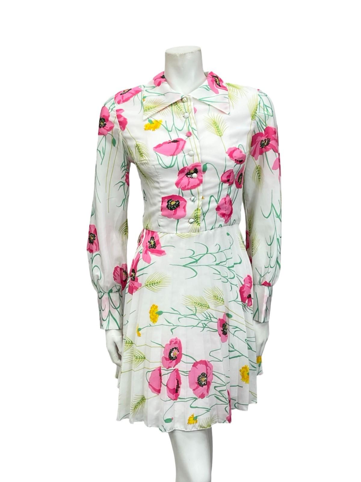 VTG 70S BETTY BARCLAY WHITE PINK YELLOW FLORAL POPPY WHEAT PLEATED SHIRT DRESS 8