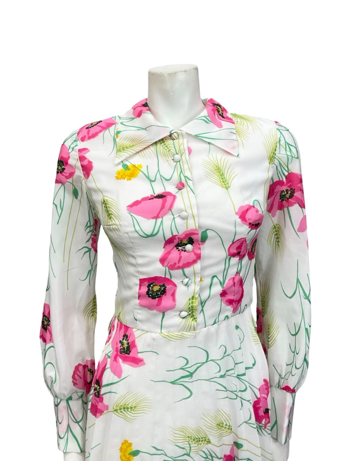 VTG 70S BETTY BARCLAY WHITE PINK YELLOW FLORAL POPPY WHEAT PLEATED SHIRT DRESS 8