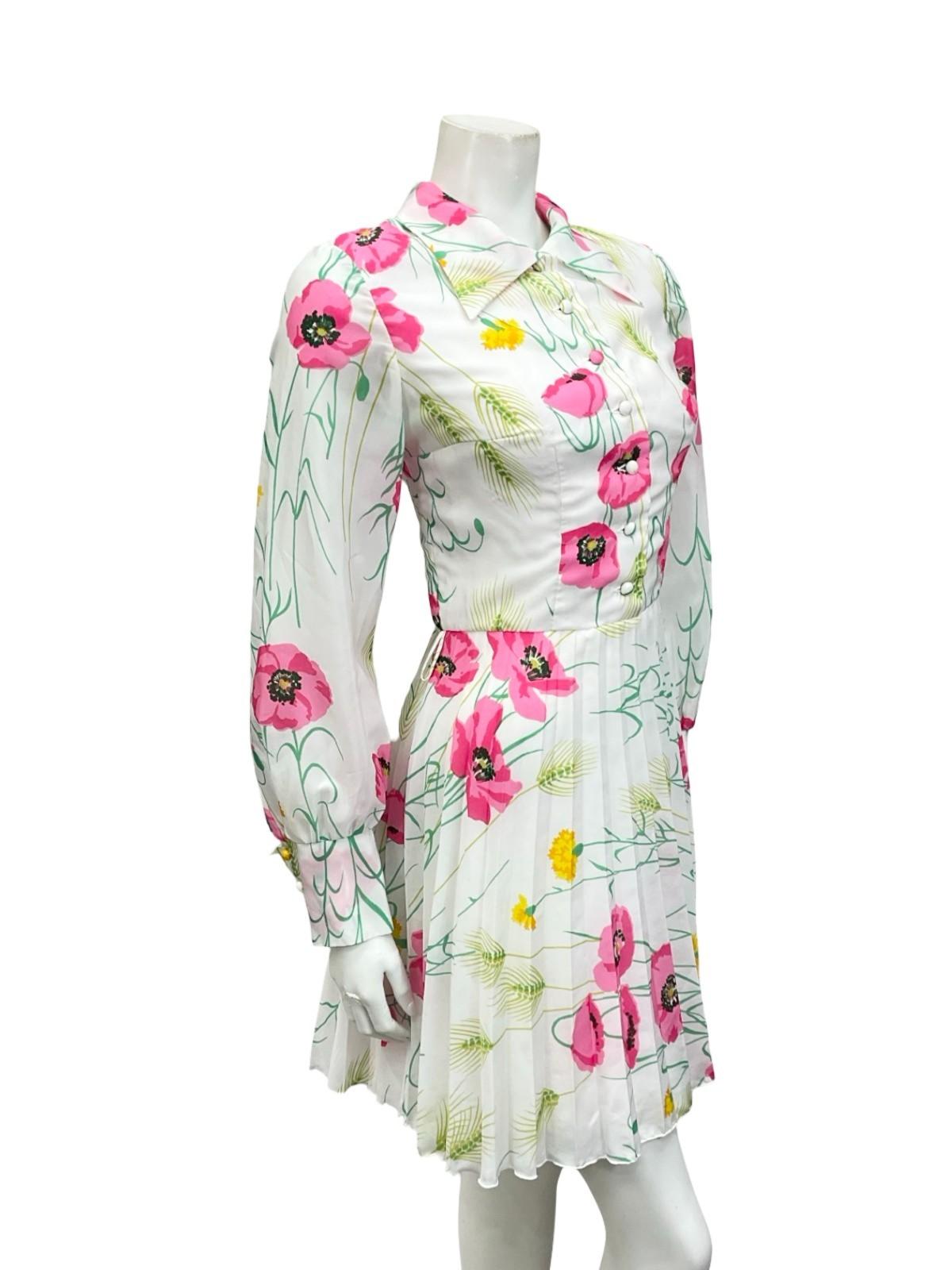 VTG 70S BETTY BARCLAY WHITE PINK YELLOW FLORAL POPPY WHEAT PLEATED SHIRT DRESS 8