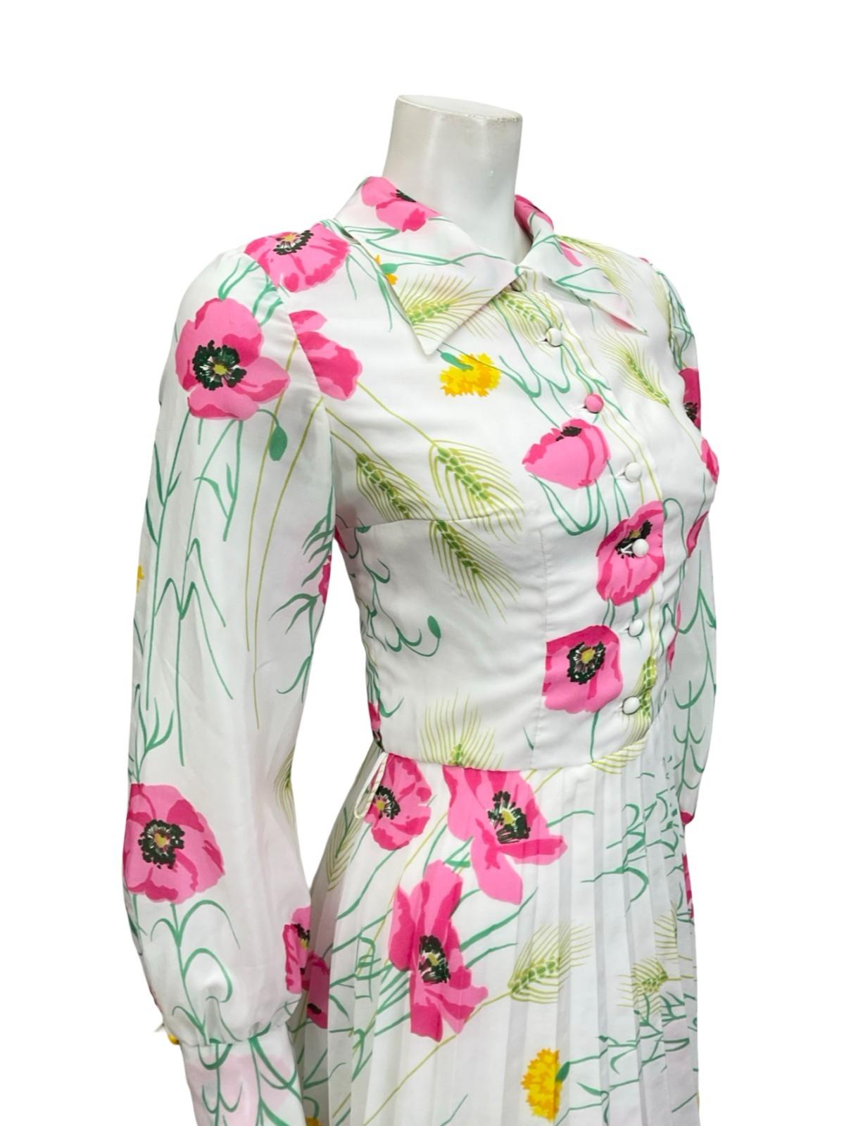 VTG 70S BETTY BARCLAY WHITE PINK YELLOW FLORAL POPPY WHEAT PLEATED SHIRT DRESS 8