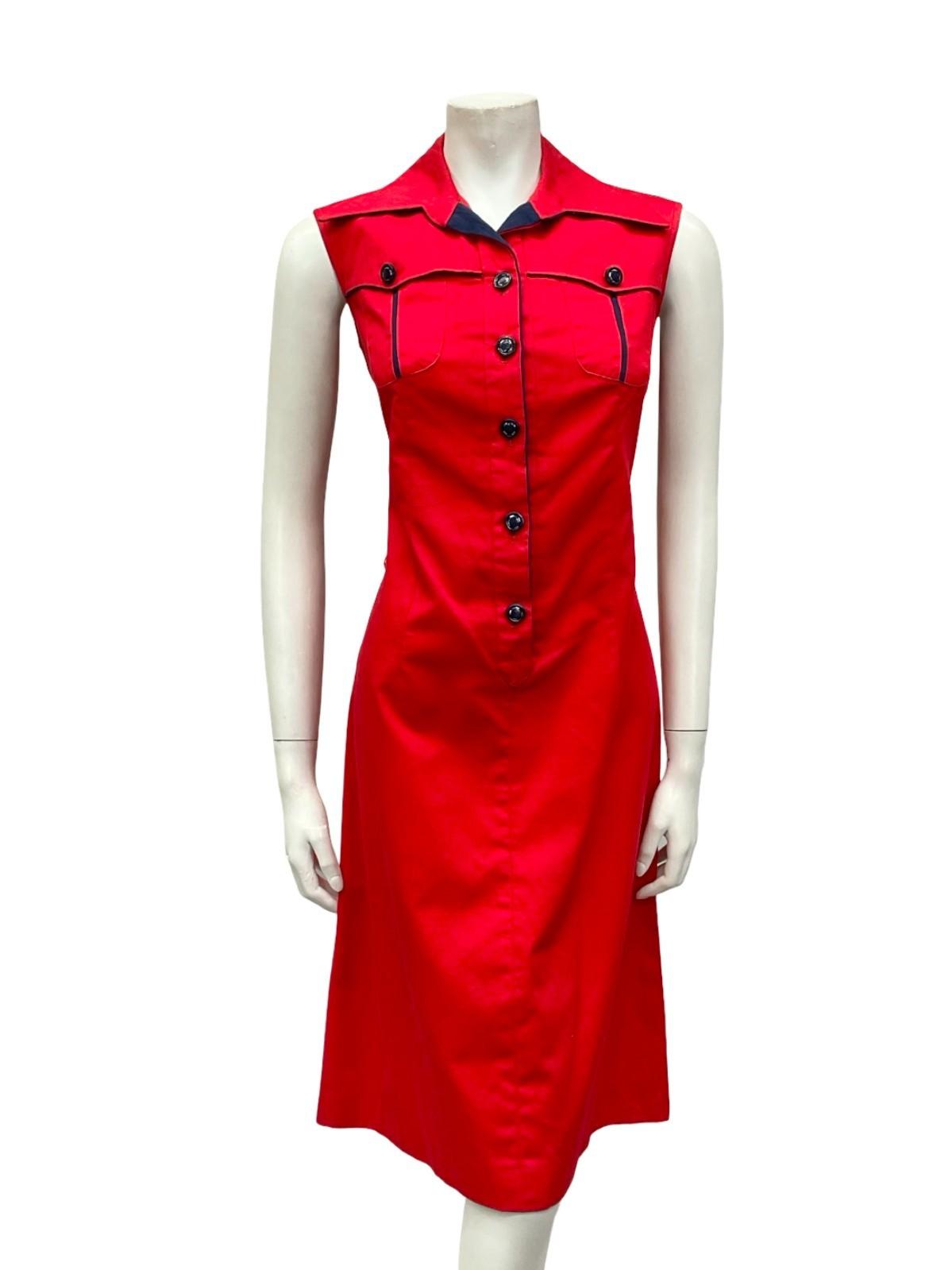 VTG 70S MOD RED NAVY BLUE WING COLLAR COTTON SLEEVELESS SHIRT SHIFT DRESS 12