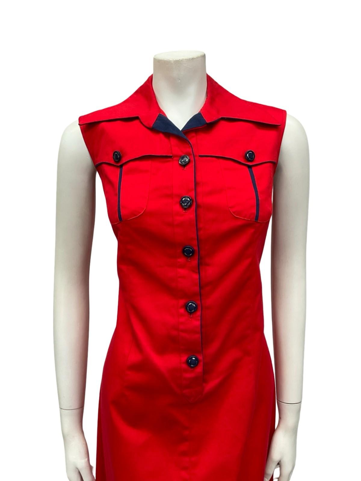 VTG 70S MOD RED NAVY BLUE WING COLLAR COTTON SLEEVELESS SHIRT SHIFT DRESS 12