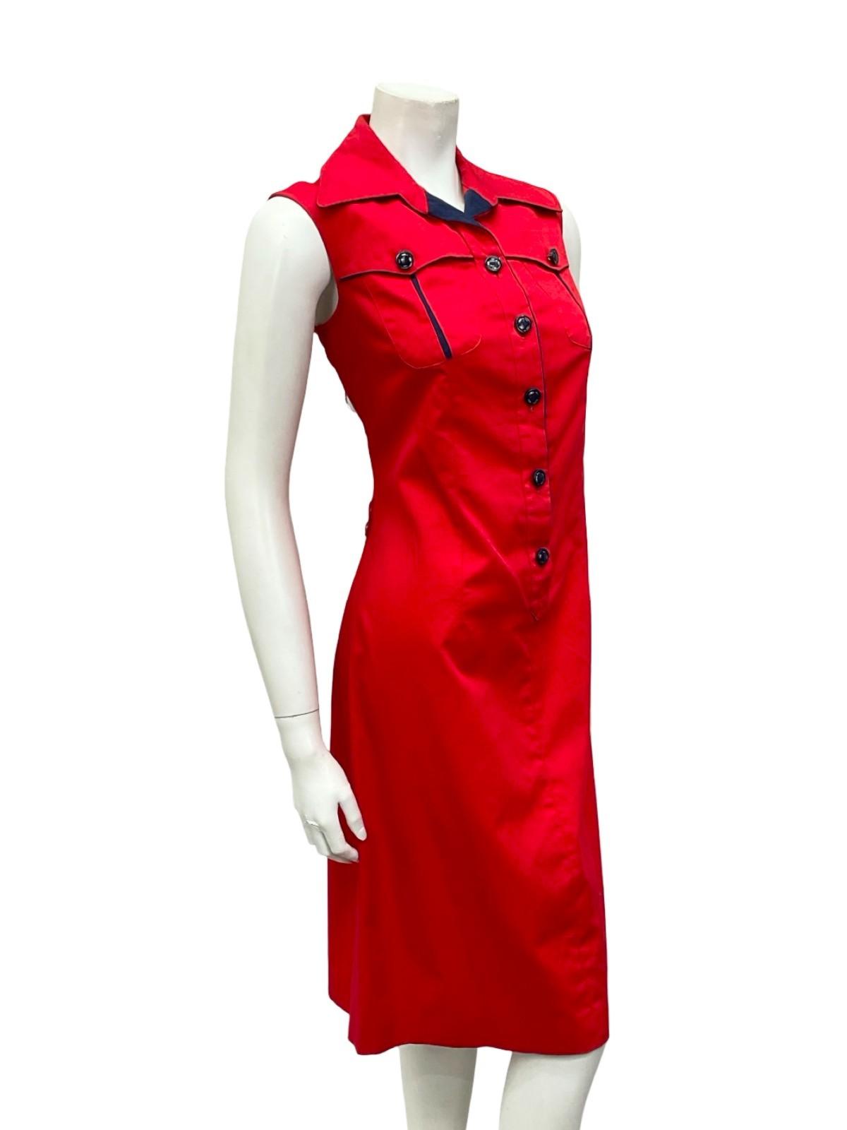 VTG 70S MOD RED NAVY BLUE WING COLLAR COTTON SLEEVELESS SHIRT SHIFT DRESS 12