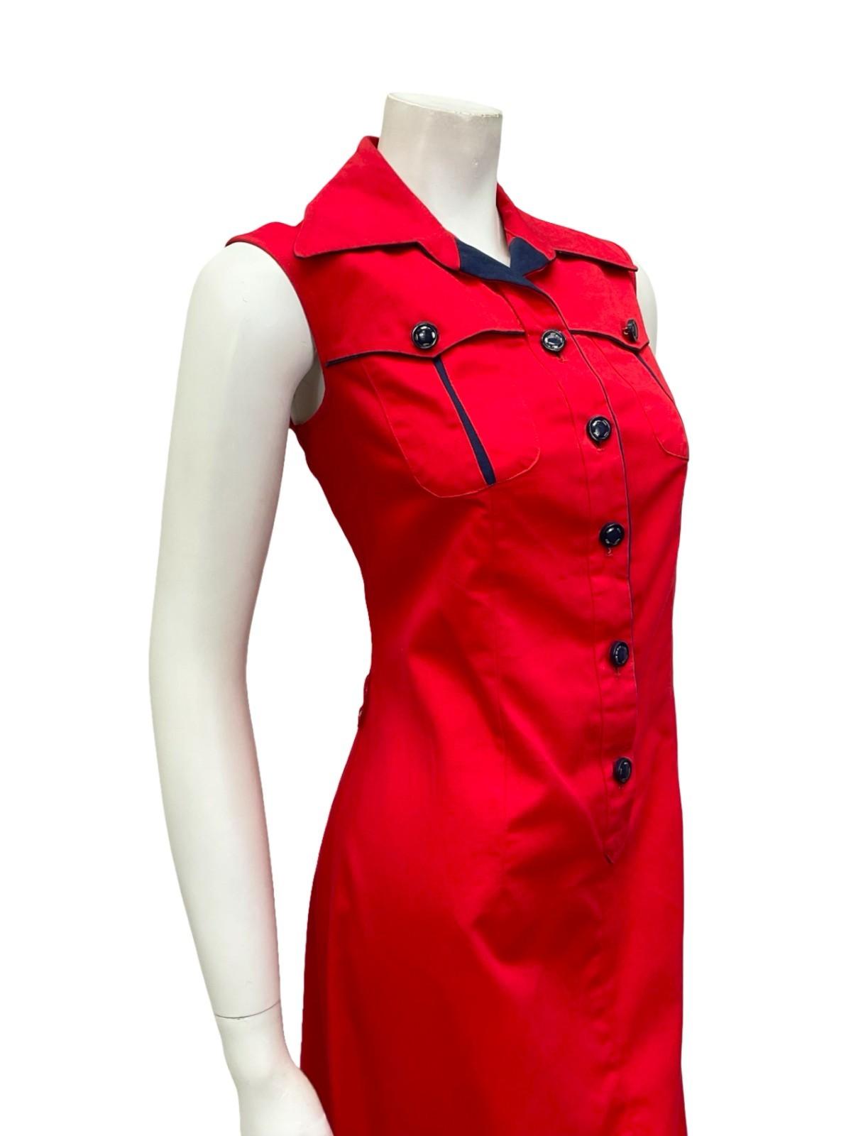 VTG 70S MOD RED NAVY BLUE WING COLLAR COTTON SLEEVELESS SHIRT SHIFT DRESS 12
