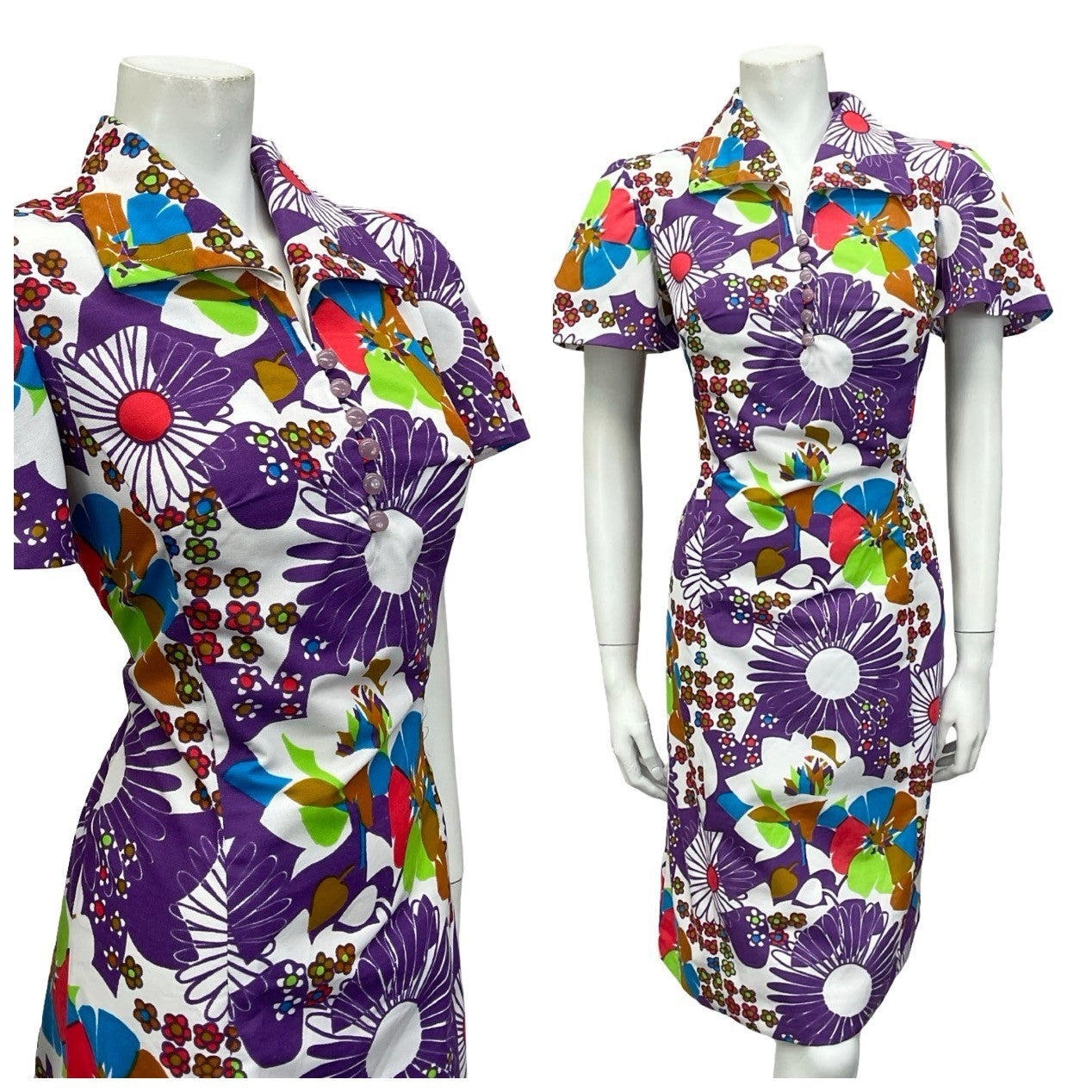 VTG 60S 70S WHITE PURPLE RED BLUE GREEN MOD FLORAL DAISY SHIFT DRESS 10