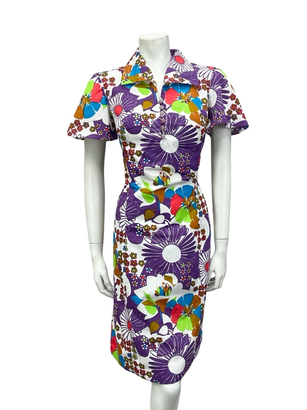 VTG 60S 70S WHITE PURPLE RED BLUE GREEN MOD FLORAL DAISY SHIFT DRESS 10