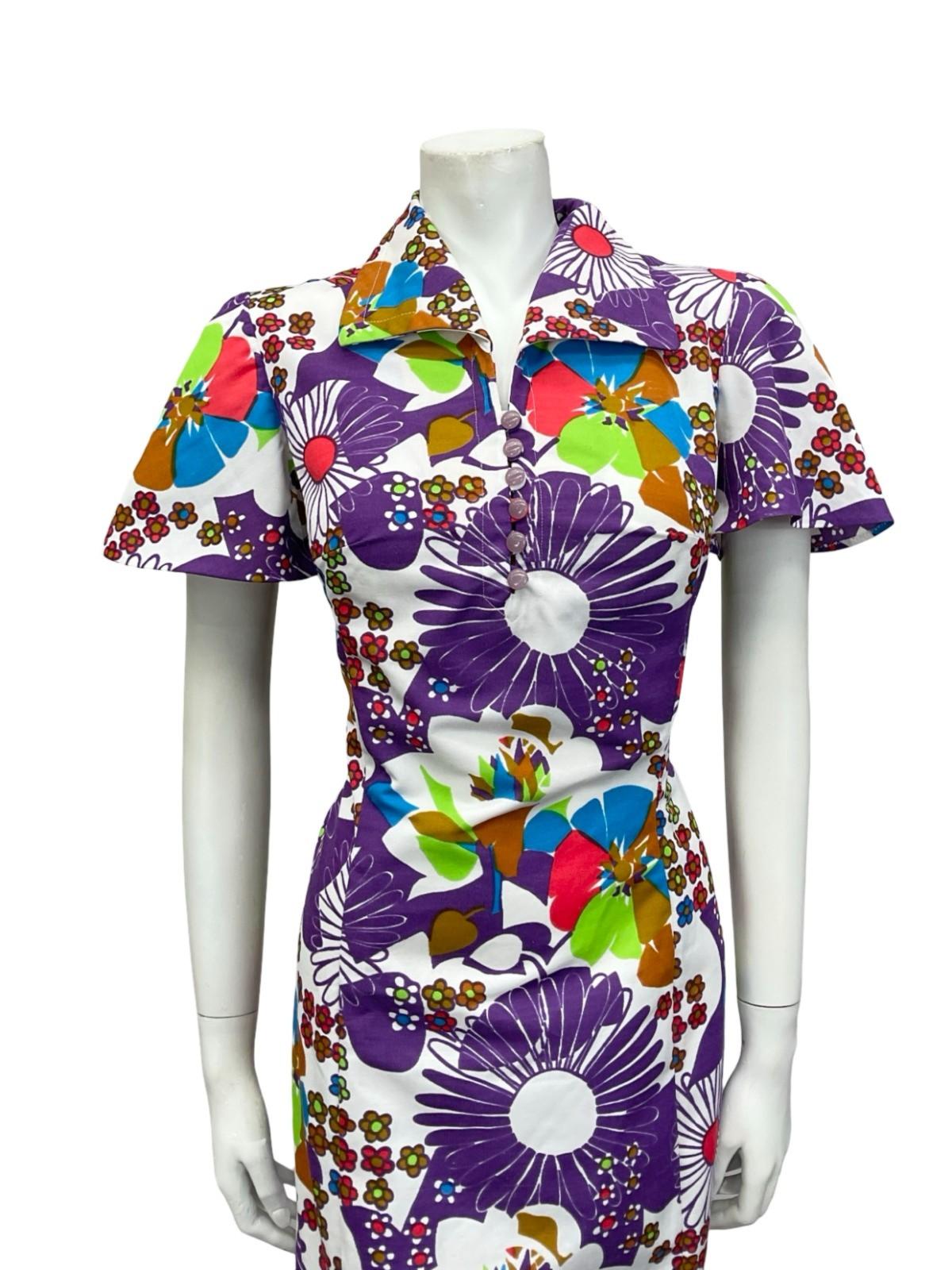 VTG 60S 70S WHITE PURPLE RED BLUE GREEN MOD FLORAL DAISY SHIFT DRESS 10