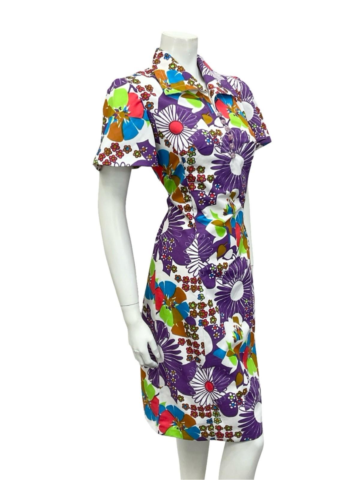 VTG 60S 70S WHITE PURPLE RED BLUE GREEN MOD FLORAL DAISY SHIFT DRESS 10