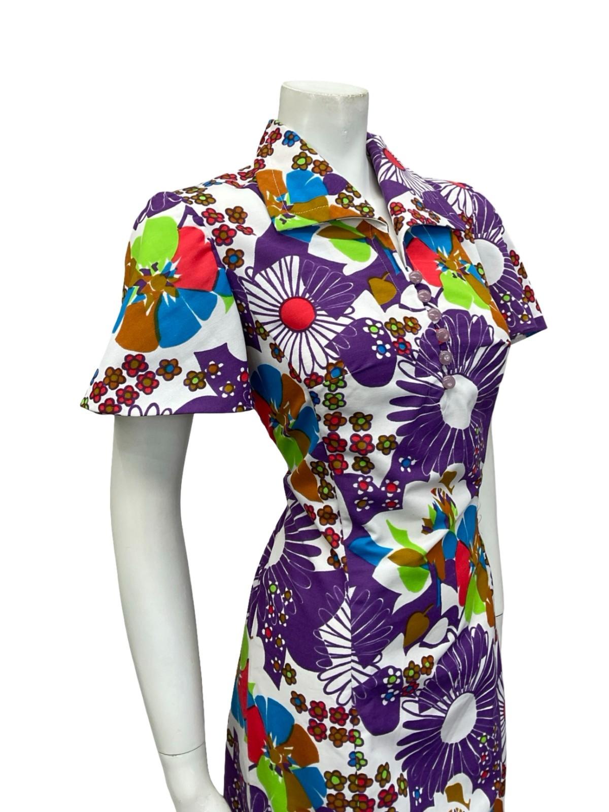 VTG 60S 70S WHITE PURPLE RED BLUE GREEN MOD FLORAL DAISY SHIFT DRESS 10