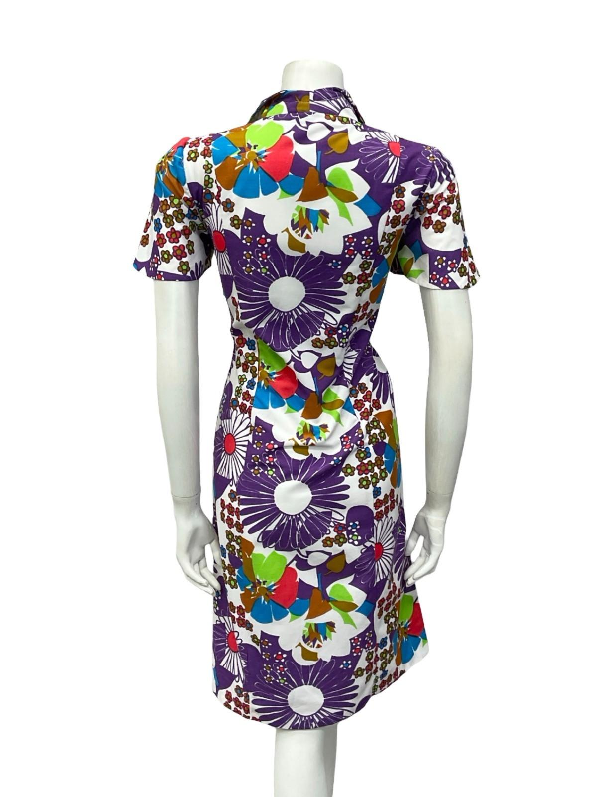 VTG 60S 70S WHITE PURPLE RED BLUE GREEN MOD FLORAL DAISY SHIFT DRESS 10
