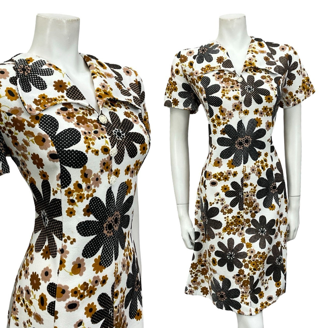 VTG 60S WHITE BROWN BLACK FLORAL DAISY ROUNDED COLLAR SHIFT SHIRT DRESS 14