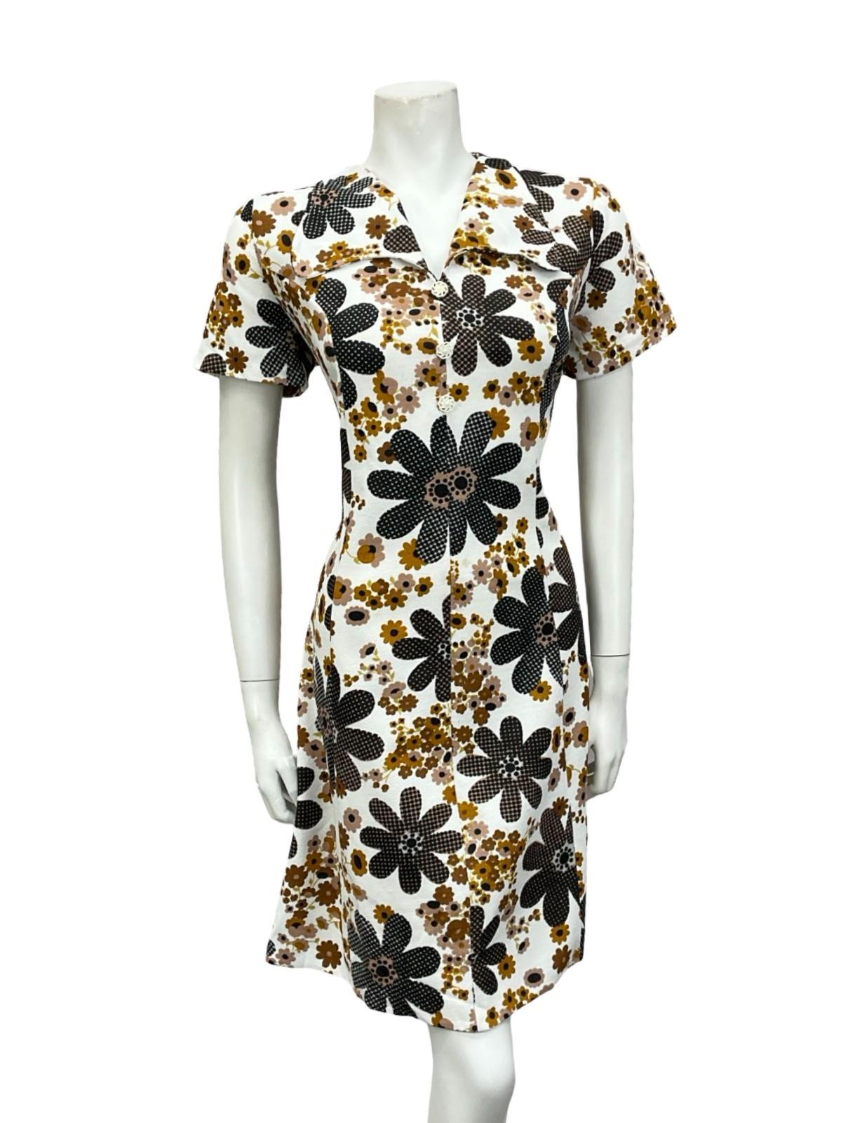 VTG 60S WHITE BROWN BLACK FLORAL DAISY ROUNDED COLLAR SHIFT SHIRT DRESS 14
