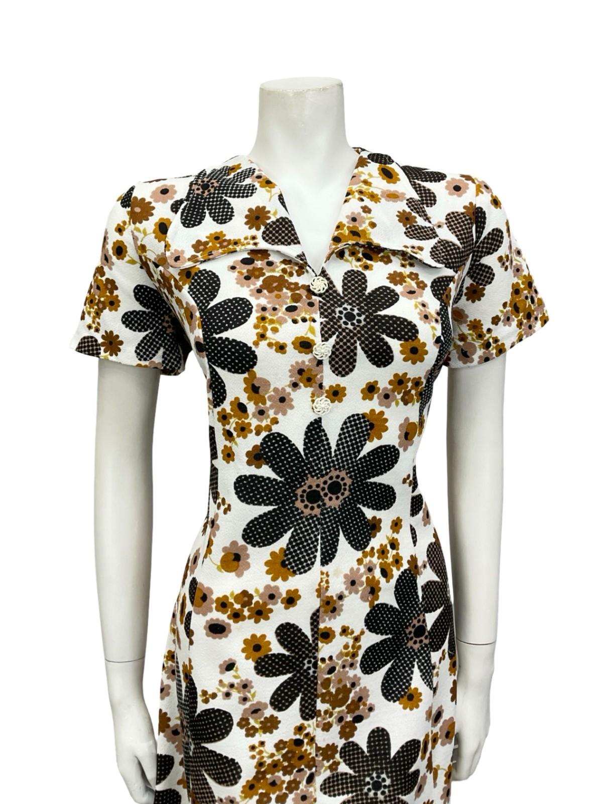 VTG 60S WHITE BROWN BLACK FLORAL DAISY ROUNDED COLLAR SHIFT SHIRT DRESS 14
