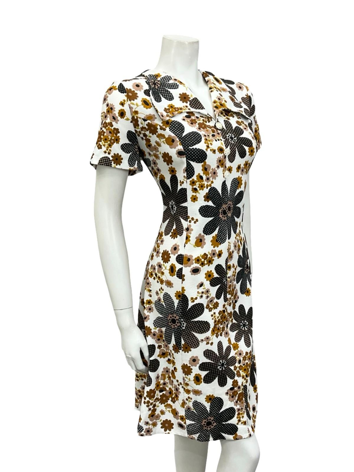 VTG 60S WHITE BROWN BLACK FLORAL DAISY ROUNDED COLLAR SHIFT SHIRT DRESS 14