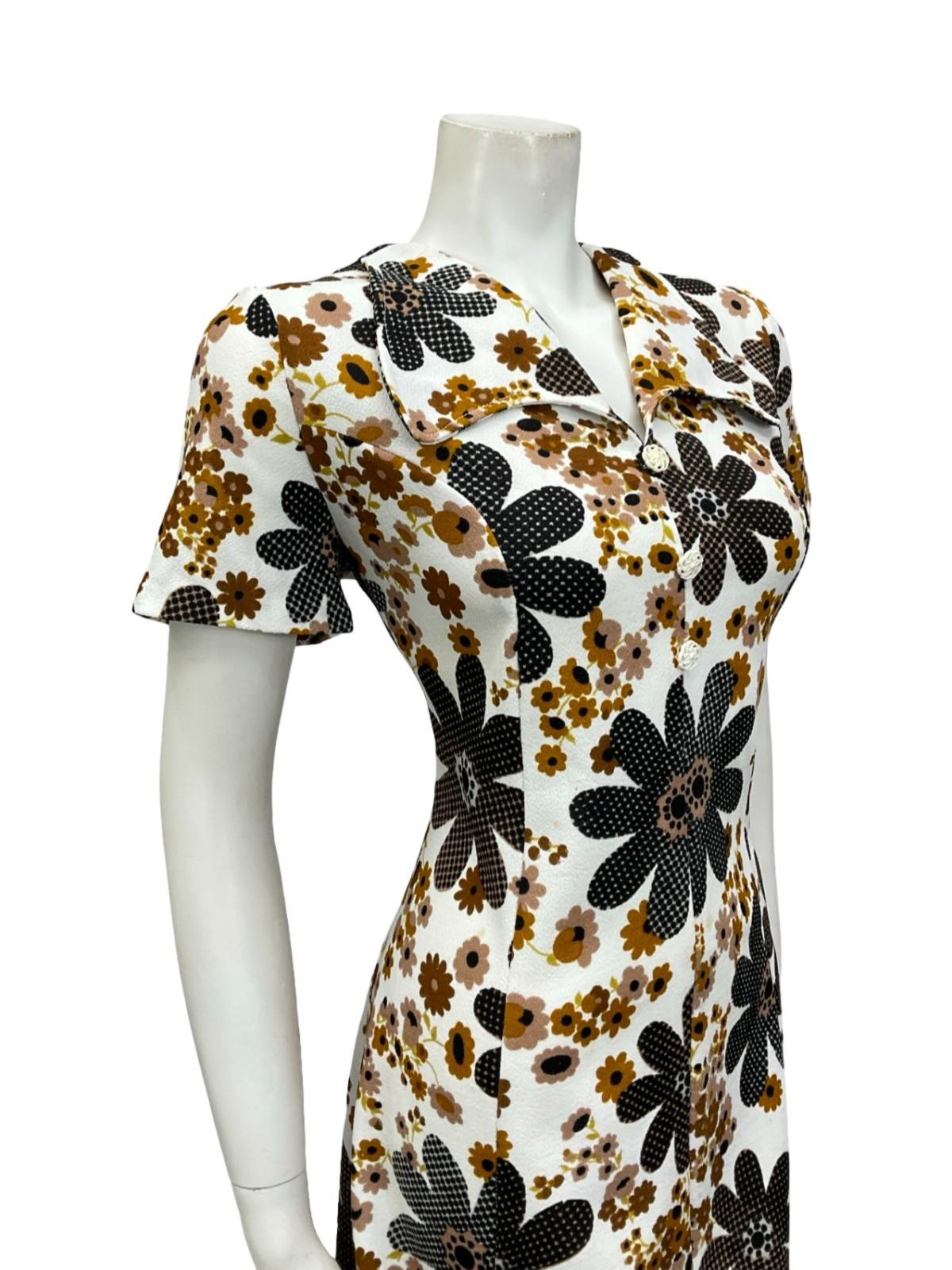 VTG 60S WHITE BROWN BLACK FLORAL DAISY ROUNDED COLLAR SHIFT SHIRT DRESS 14