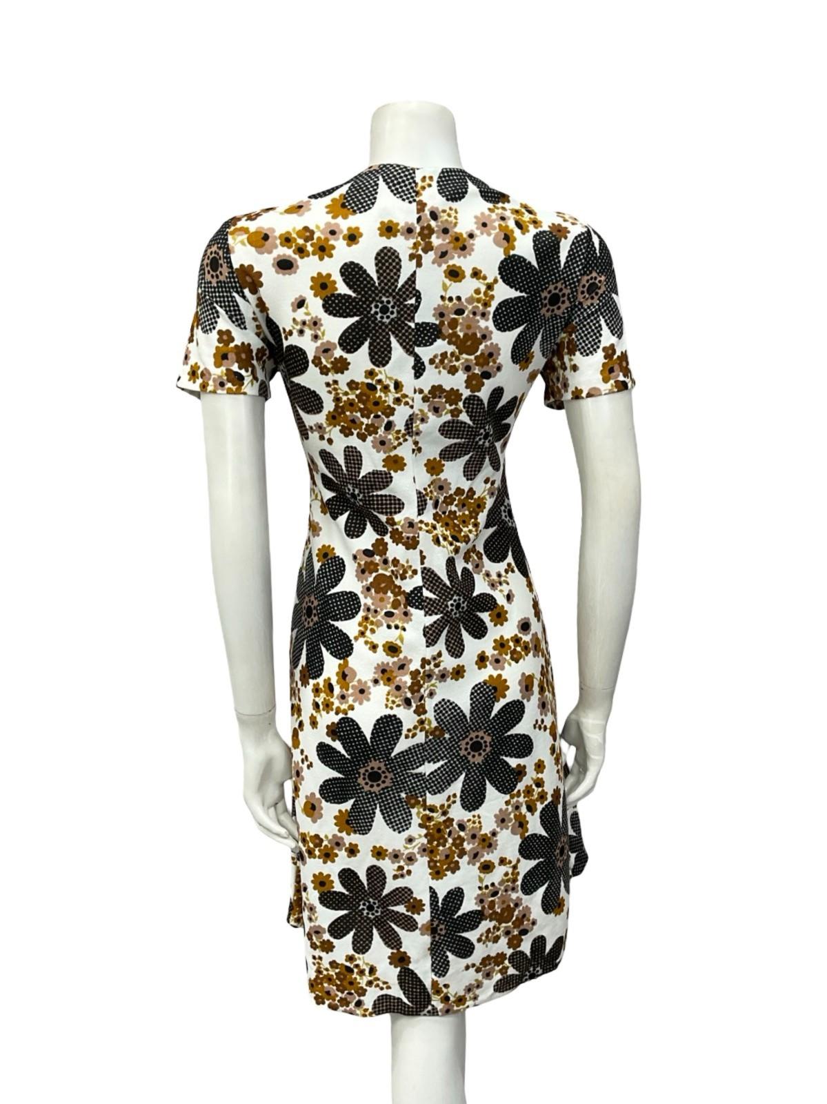 VTG 60S WHITE BROWN BLACK FLORAL DAISY ROUNDED COLLAR SHIFT SHIRT DRESS 14