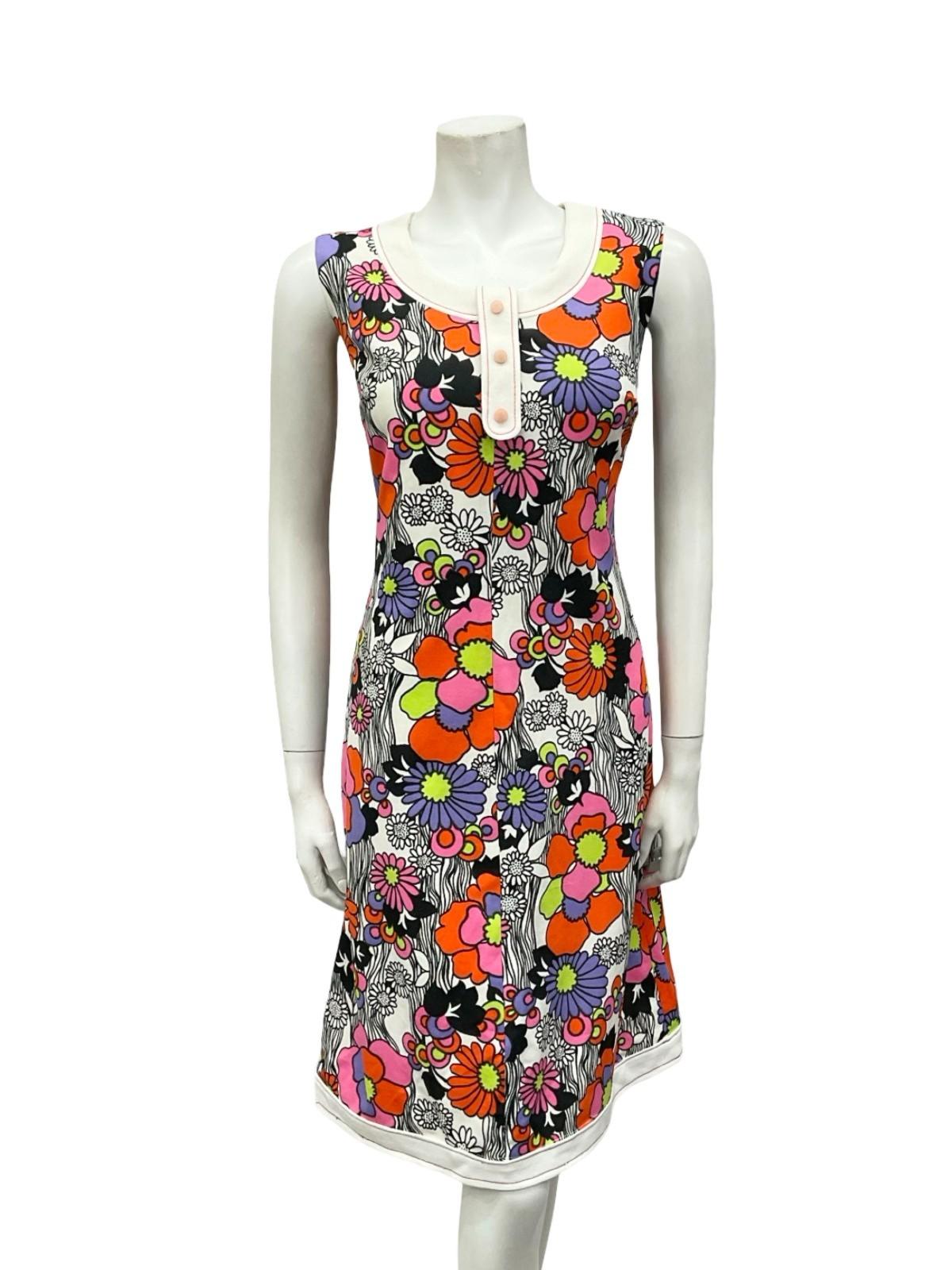 VTG 60S WHITE BLACK RED PINK PURPLE FLORAL MOD GOGO MIDI DRESS 12