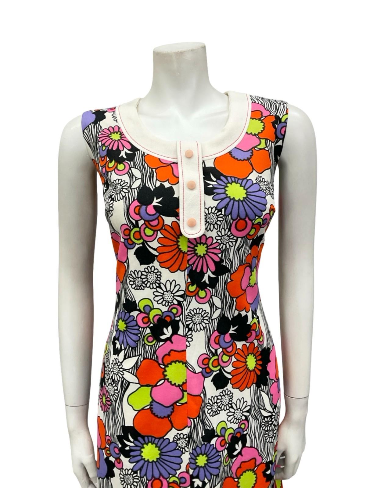 VTG 60S WHITE BLACK RED PINK PURPLE FLORAL MOD GOGO MIDI DRESS 12