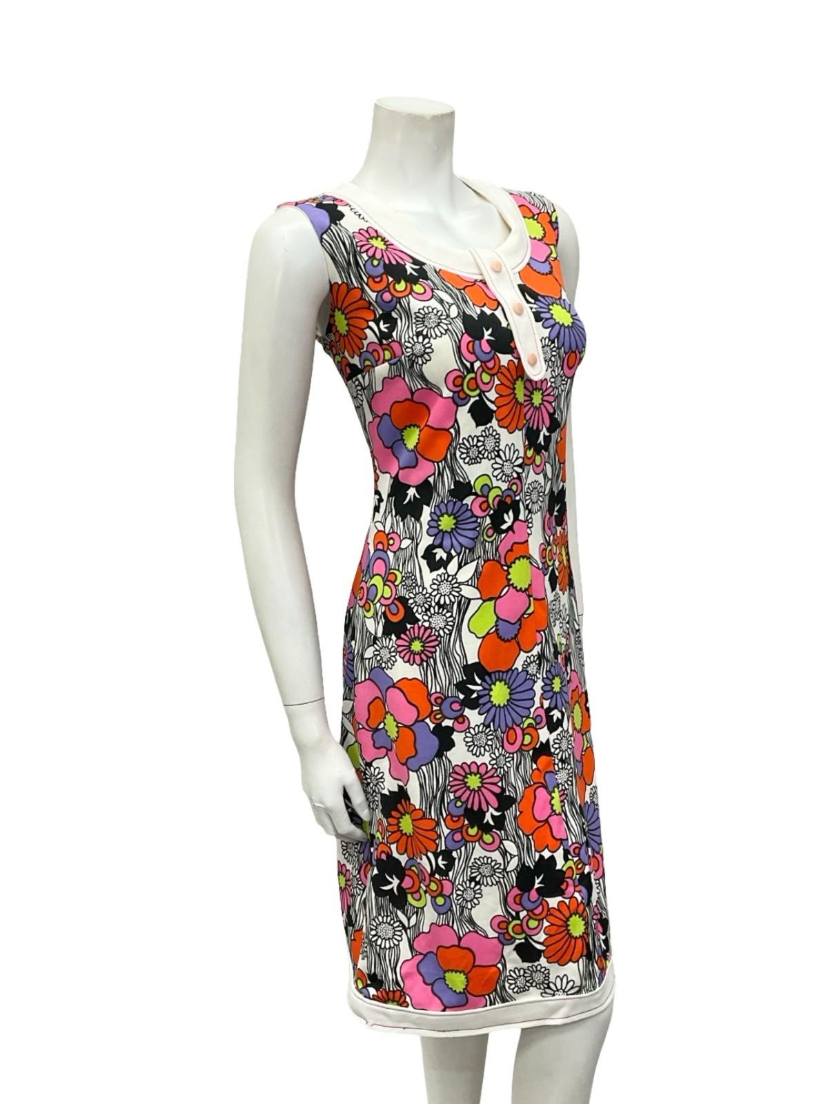 VTG 60S WHITE BLACK RED PINK PURPLE FLORAL MOD GOGO MIDI DRESS 12