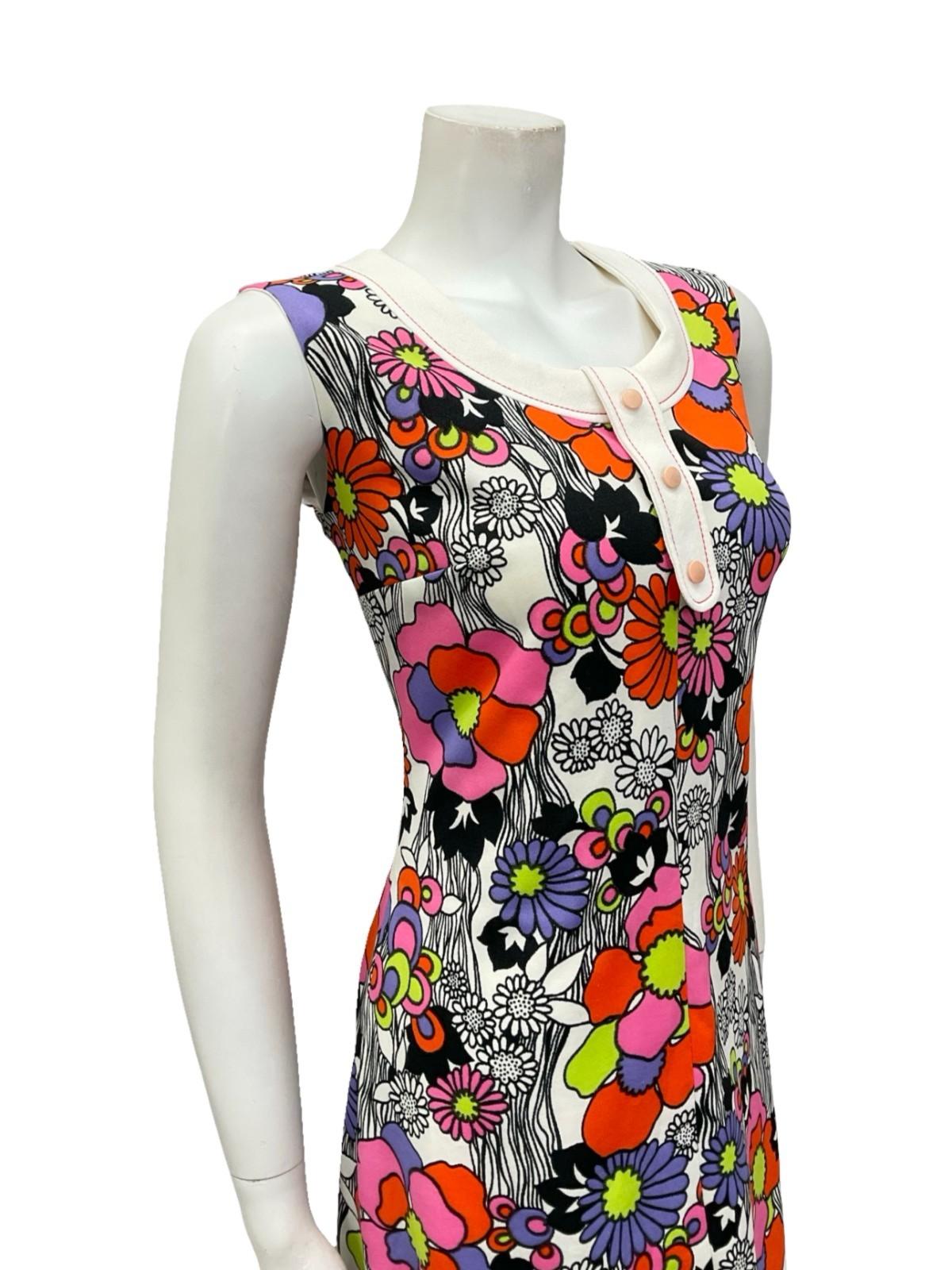 VTG 60S WHITE BLACK RED PINK PURPLE FLORAL MOD GOGO MIDI DRESS 12