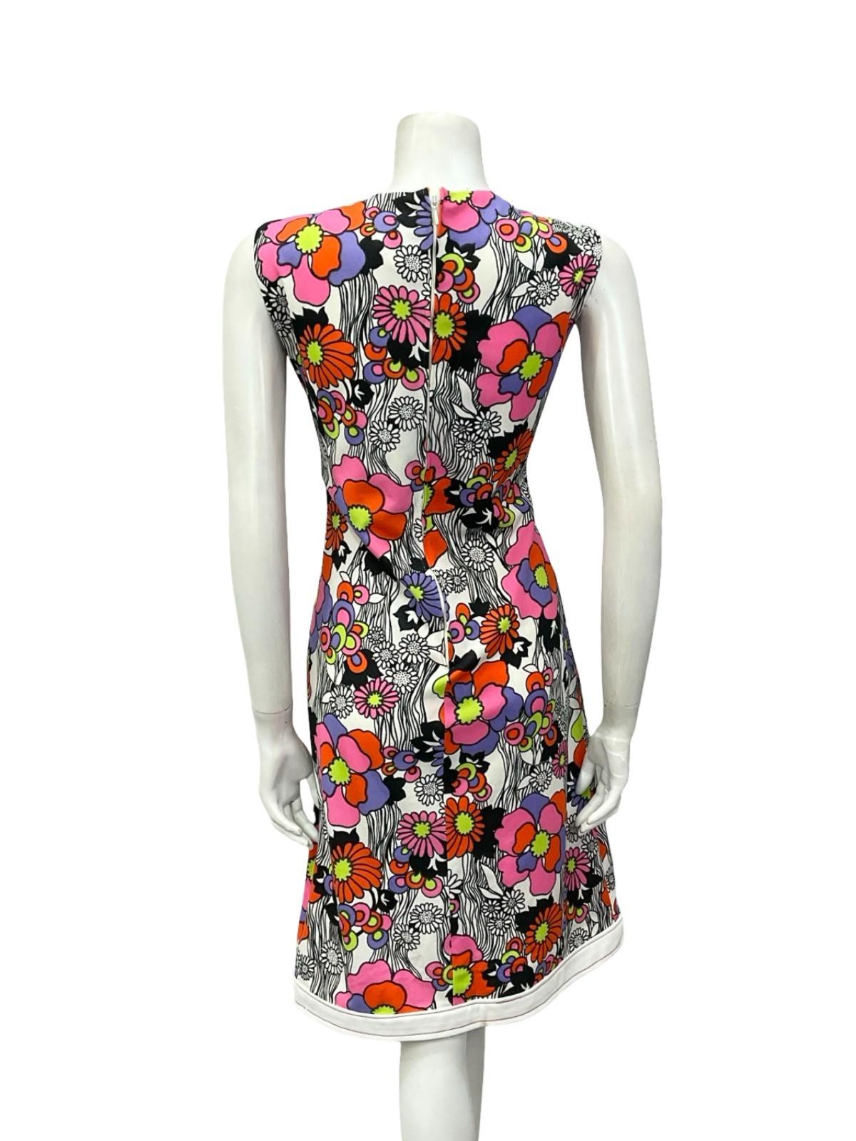 VTG 60S WHITE BLACK RED PINK PURPLE FLORAL MOD GOGO MIDI DRESS 12