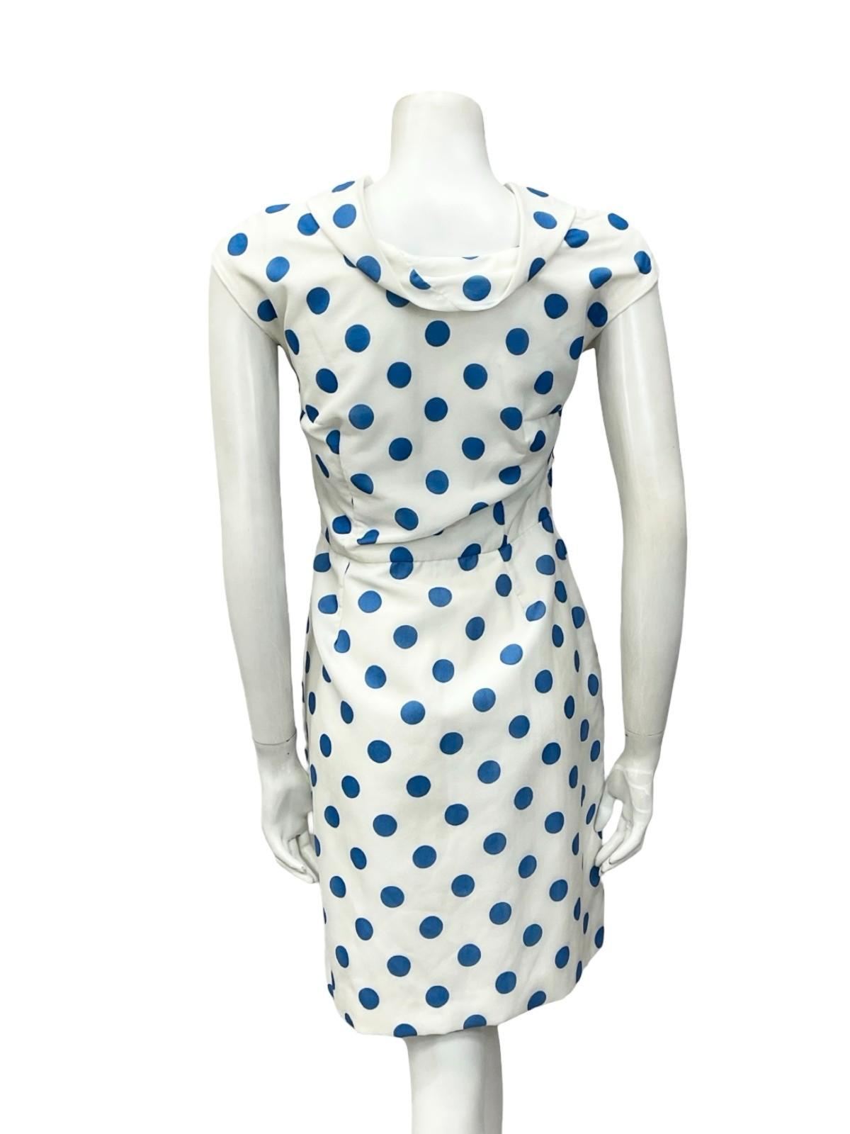 VTG EARLY 60S WHITE BLUE POLKA DOT SAILOR COLLAR BOW GEOMETRIC PENCIL DRESS 10