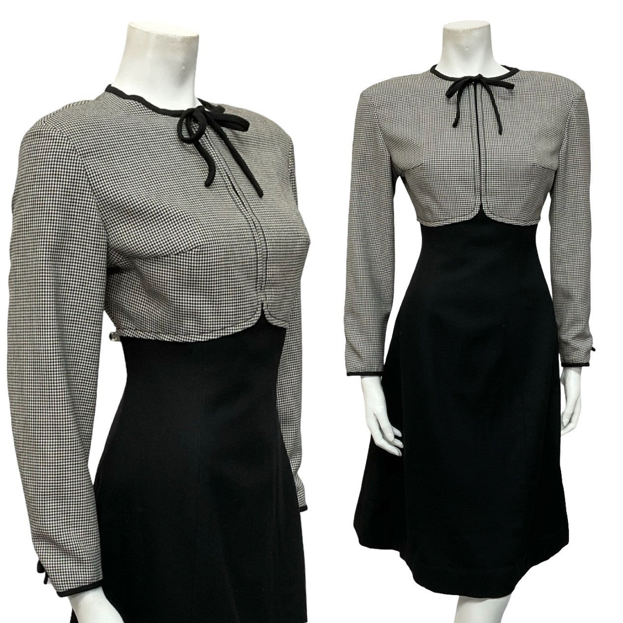 VTG 60S 70S BLACK WHITE WOOL HOUNDSTOOTH EMPIRE BOW MOD MIDI DRESS 10 12