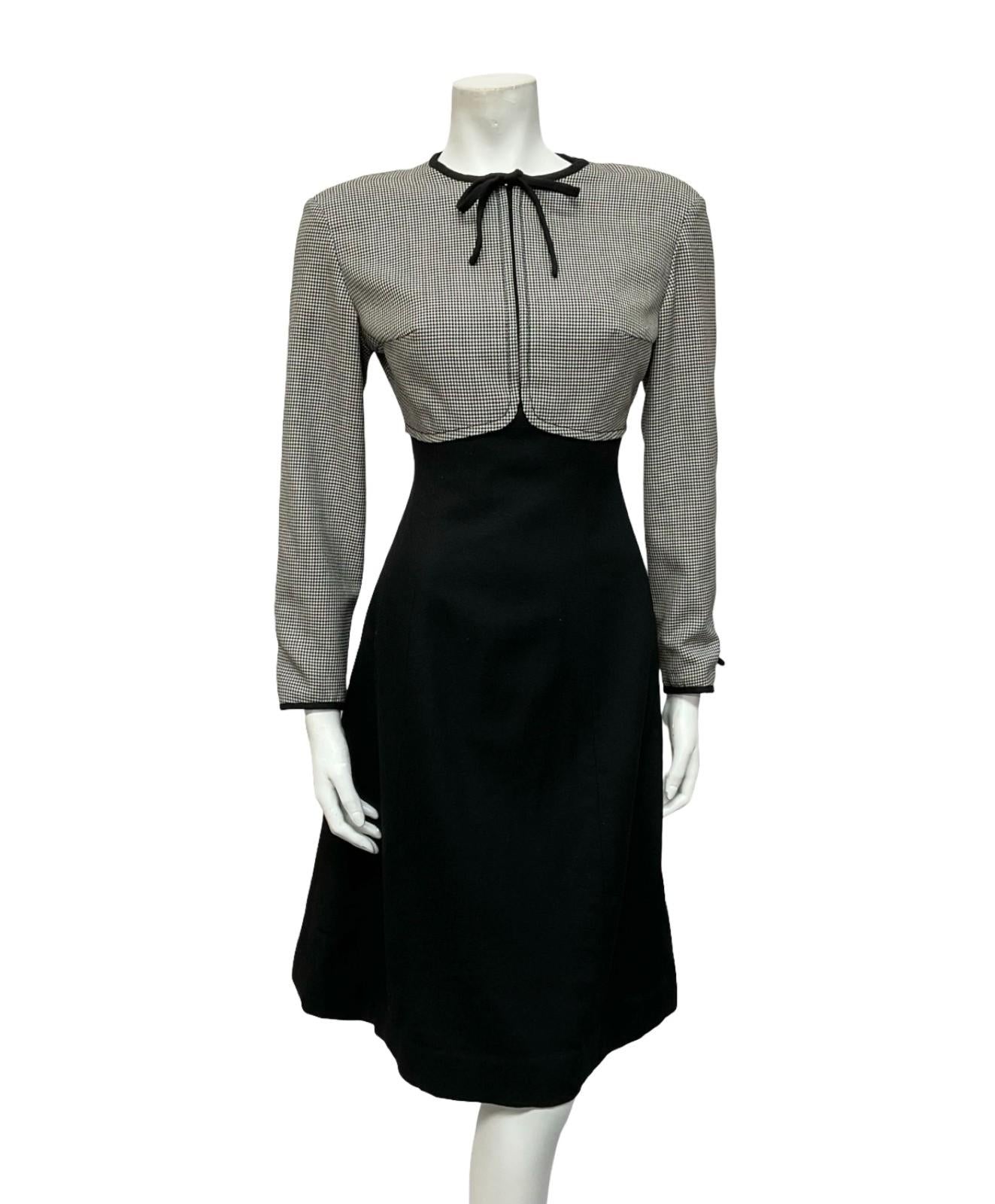 VTG 60S 70S BLACK WHITE WOOL HOUNDSTOOTH EMPIRE BOW MOD MIDI DRESS 10 12