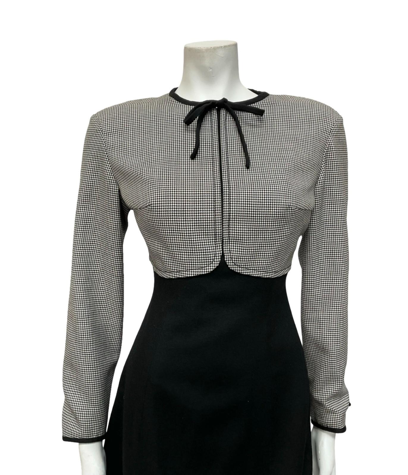 VTG 60S 70S BLACK WHITE WOOL HOUNDSTOOTH EMPIRE BOW MOD MIDI DRESS 10 12