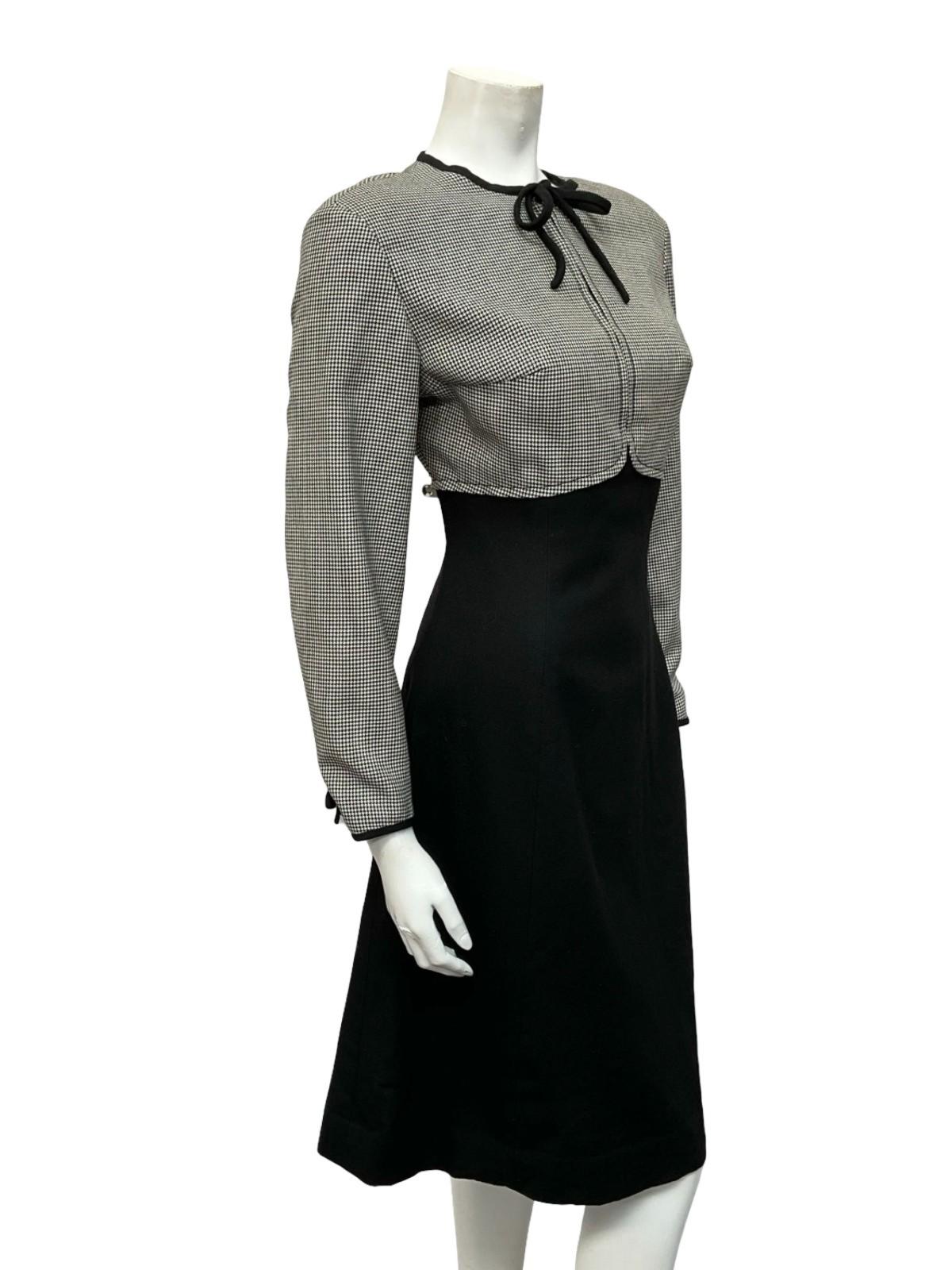 VTG 60S 70S BLACK WHITE WOOL HOUNDSTOOTH EMPIRE BOW MOD MIDI DRESS 10 12