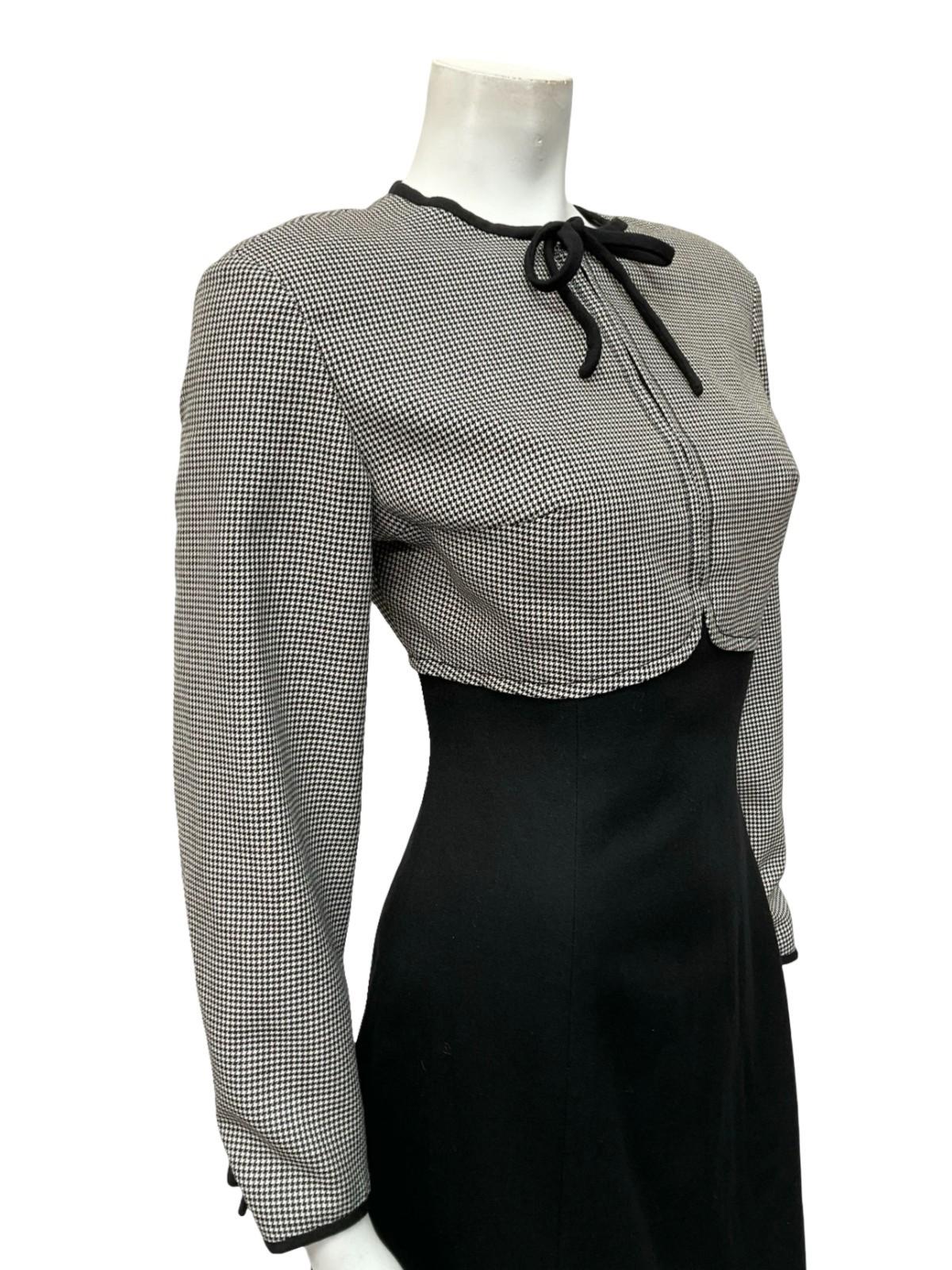 VTG 60S 70S BLACK WHITE WOOL HOUNDSTOOTH EMPIRE BOW MOD MIDI DRESS 10 12