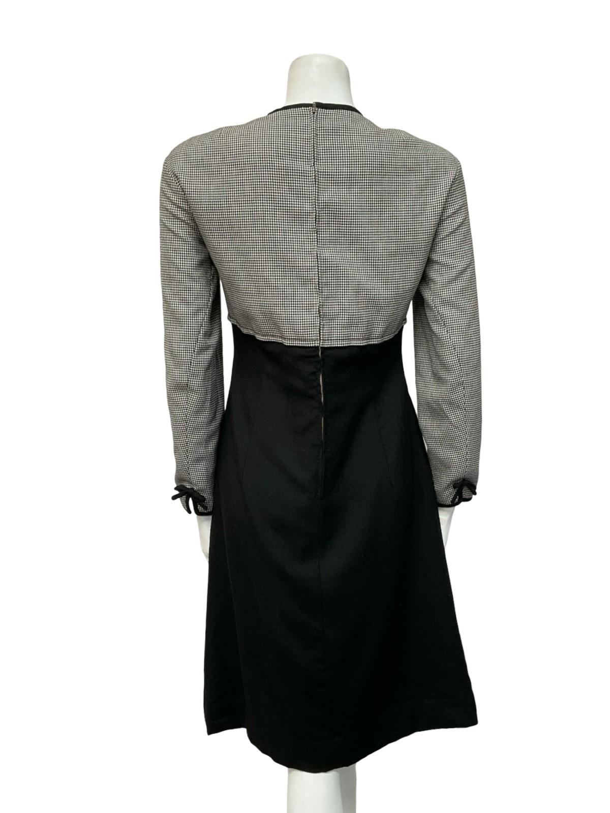 VTG 60S 70S BLACK WHITE WOOL HOUNDSTOOTH EMPIRE BOW MOD MIDI DRESS 10 12