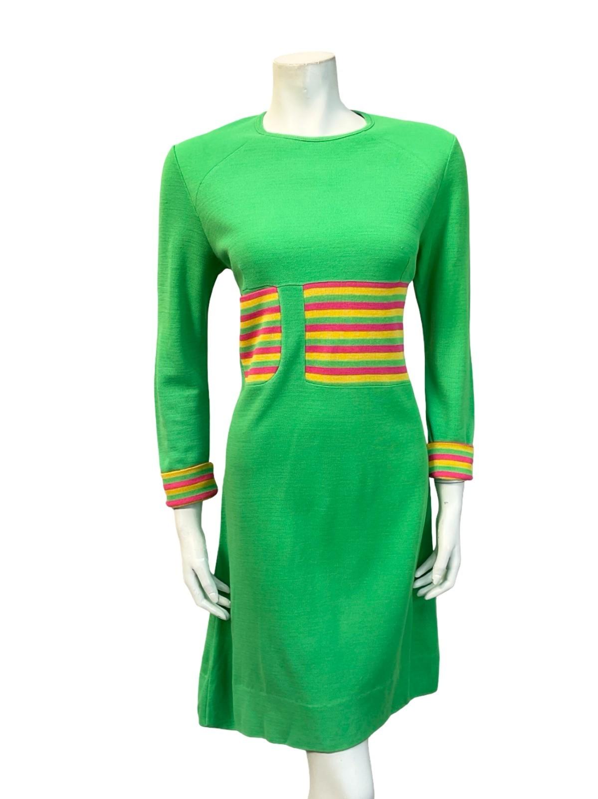 VTG 60S MOD GREEN PINK YELLOW STRIPED COLOUR BLOCK SHIFT KNIT DRESS 12 10