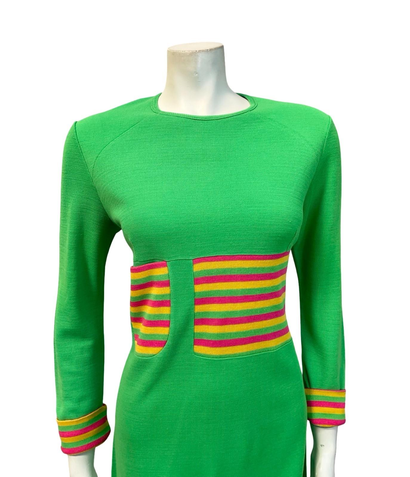 VTG 60S MOD GREEN PINK YELLOW STRIPED COLOUR BLOCK SHIFT KNIT DRESS 12 10