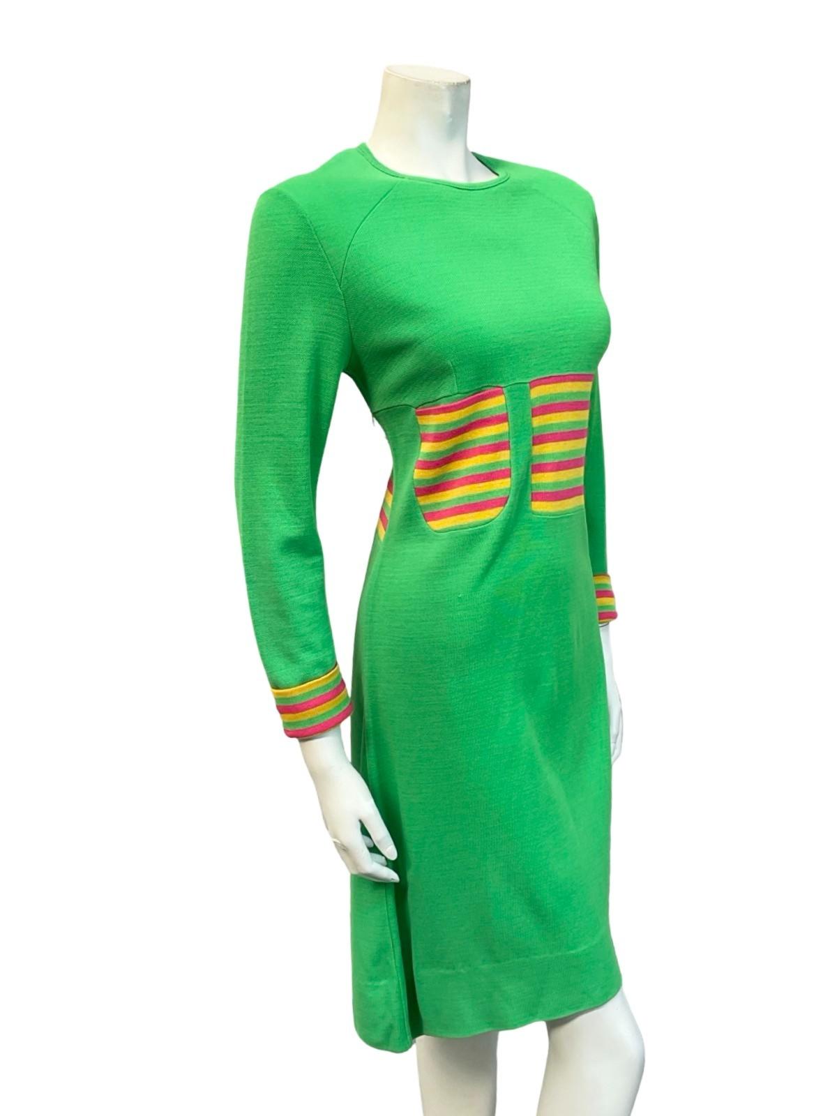 VTG 60S MOD GREEN PINK YELLOW STRIPED COLOUR BLOCK SHIFT KNIT DRESS 12 10