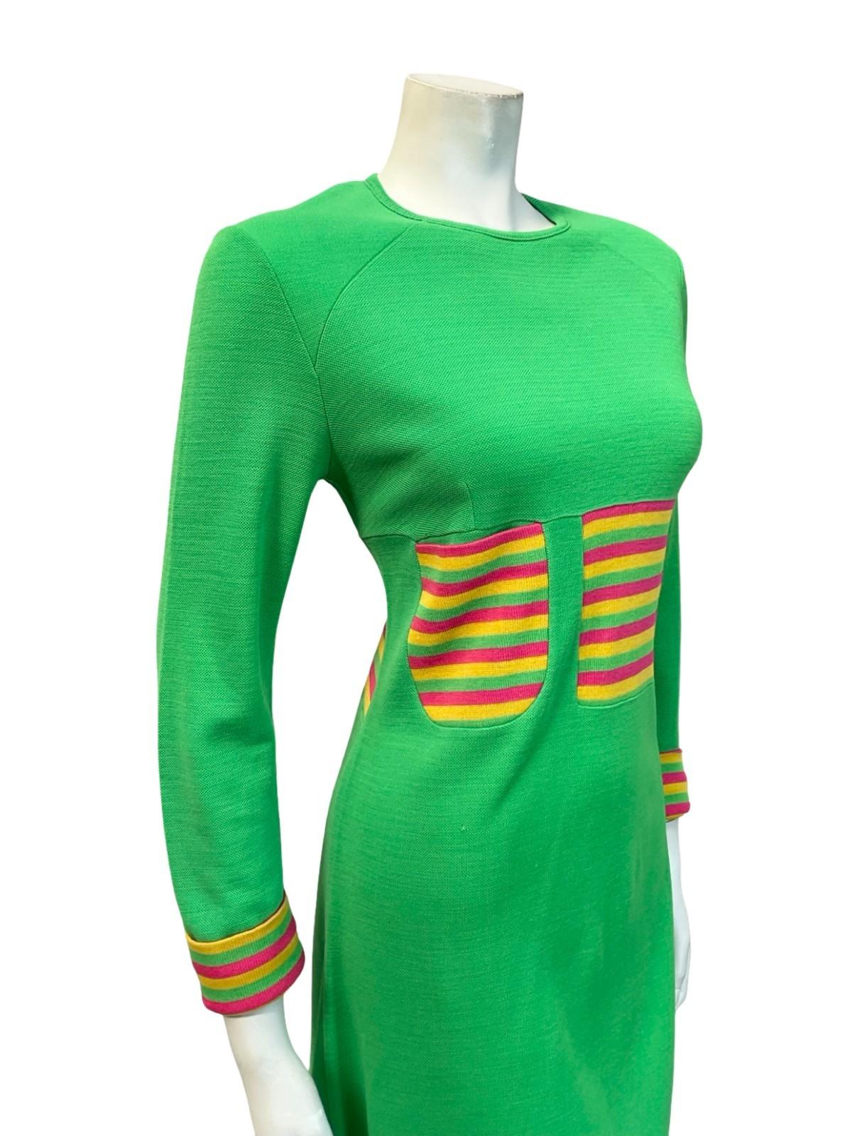 VTG 60S MOD GREEN PINK YELLOW STRIPED COLOUR BLOCK SHIFT KNIT DRESS 12 10