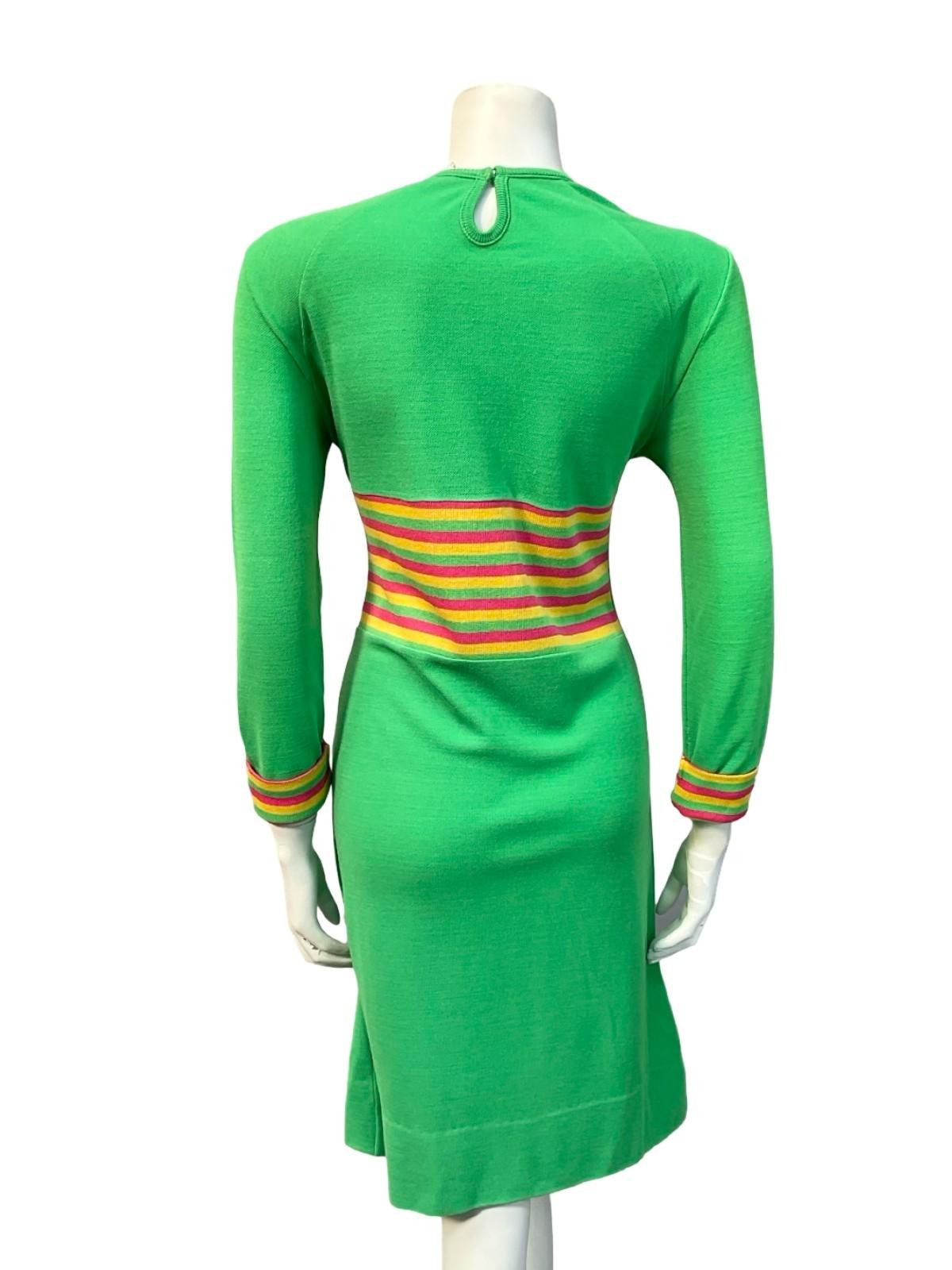 VTG 60S MOD GREEN PINK YELLOW STRIPED COLOUR BLOCK SHIFT KNIT DRESS 12 10