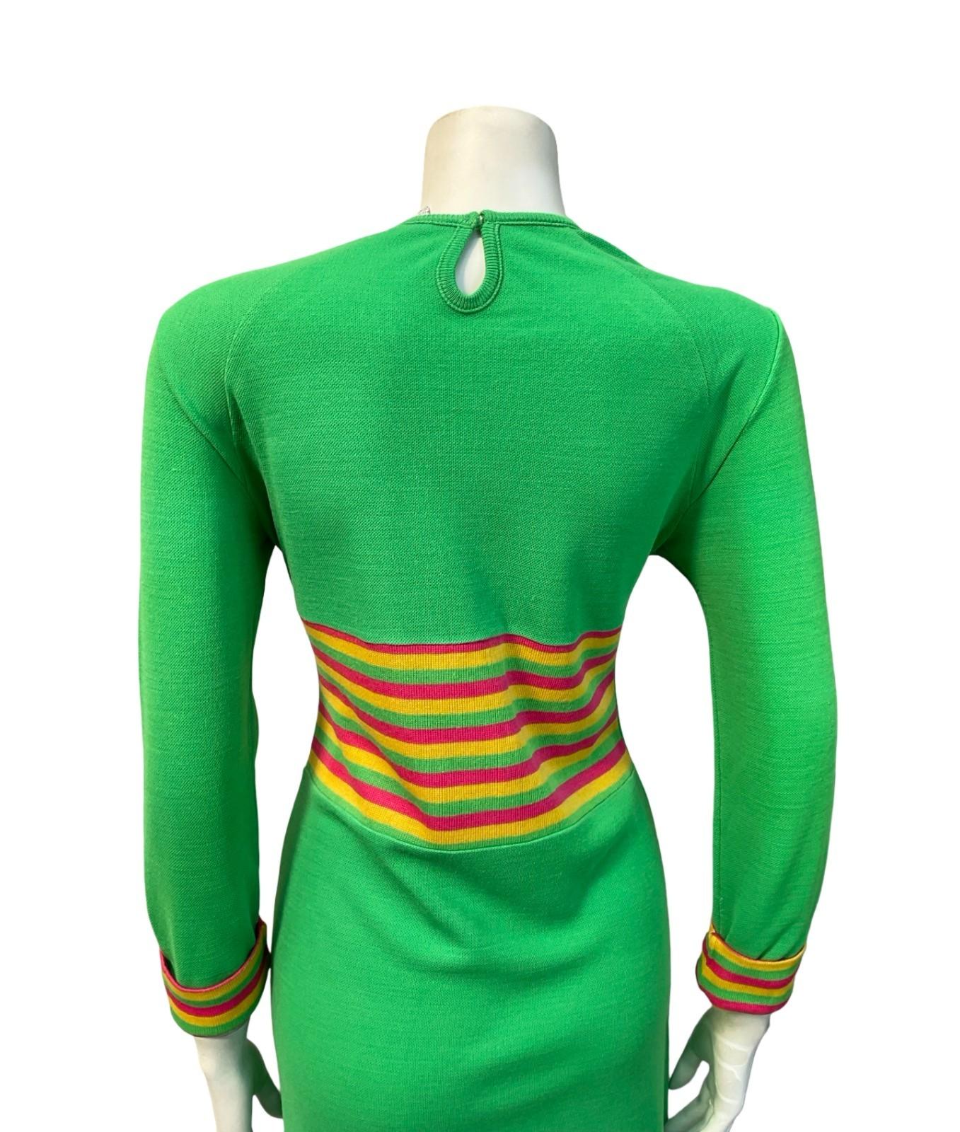 VTG 60S MOD GREEN PINK YELLOW STRIPED COLOUR BLOCK SHIFT KNIT DRESS 12 10