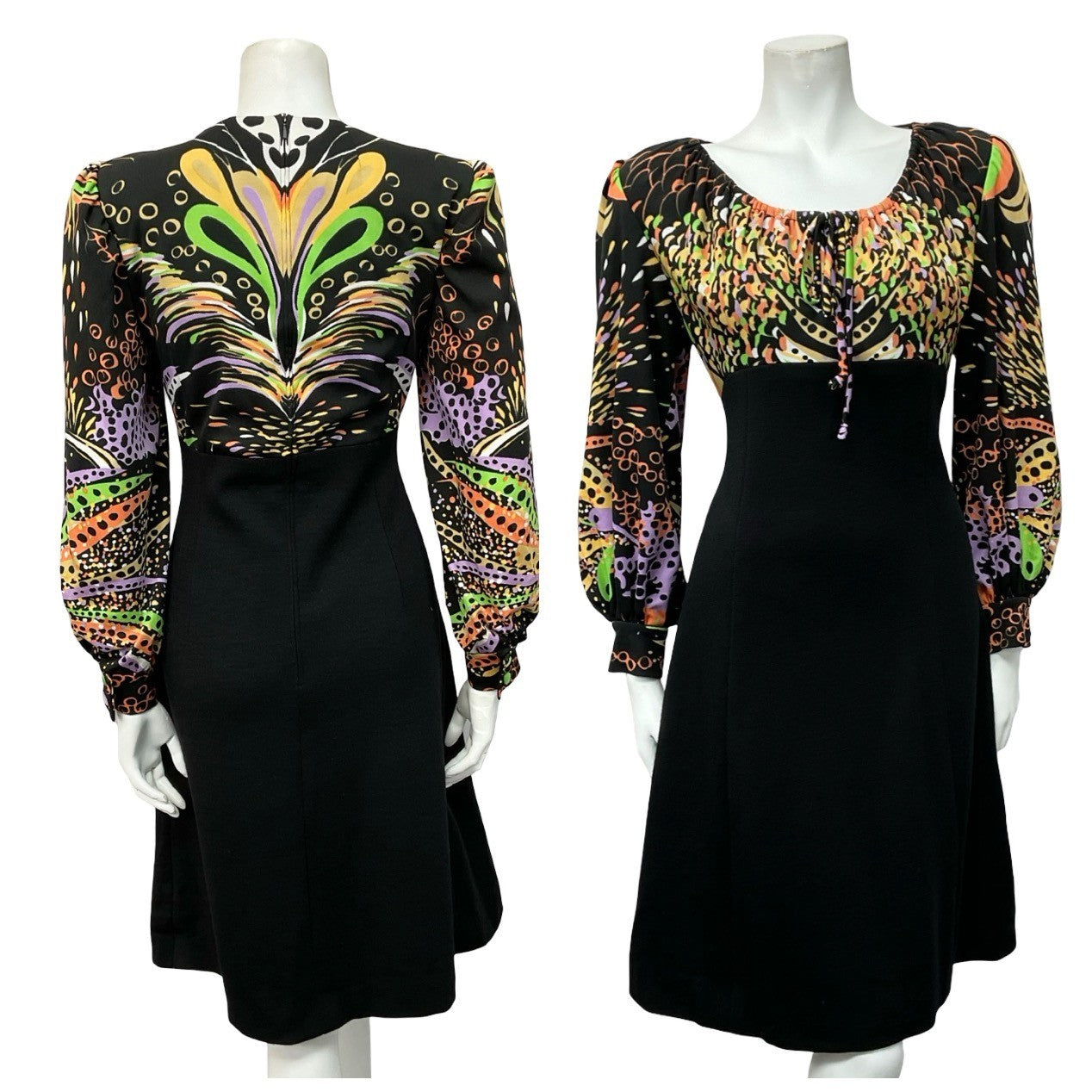 VTG BLACK PURPLE GREEN ORANGE YELLOW PSYCHEDELIC SWIRL EMPIRE MIDI DRESS 12