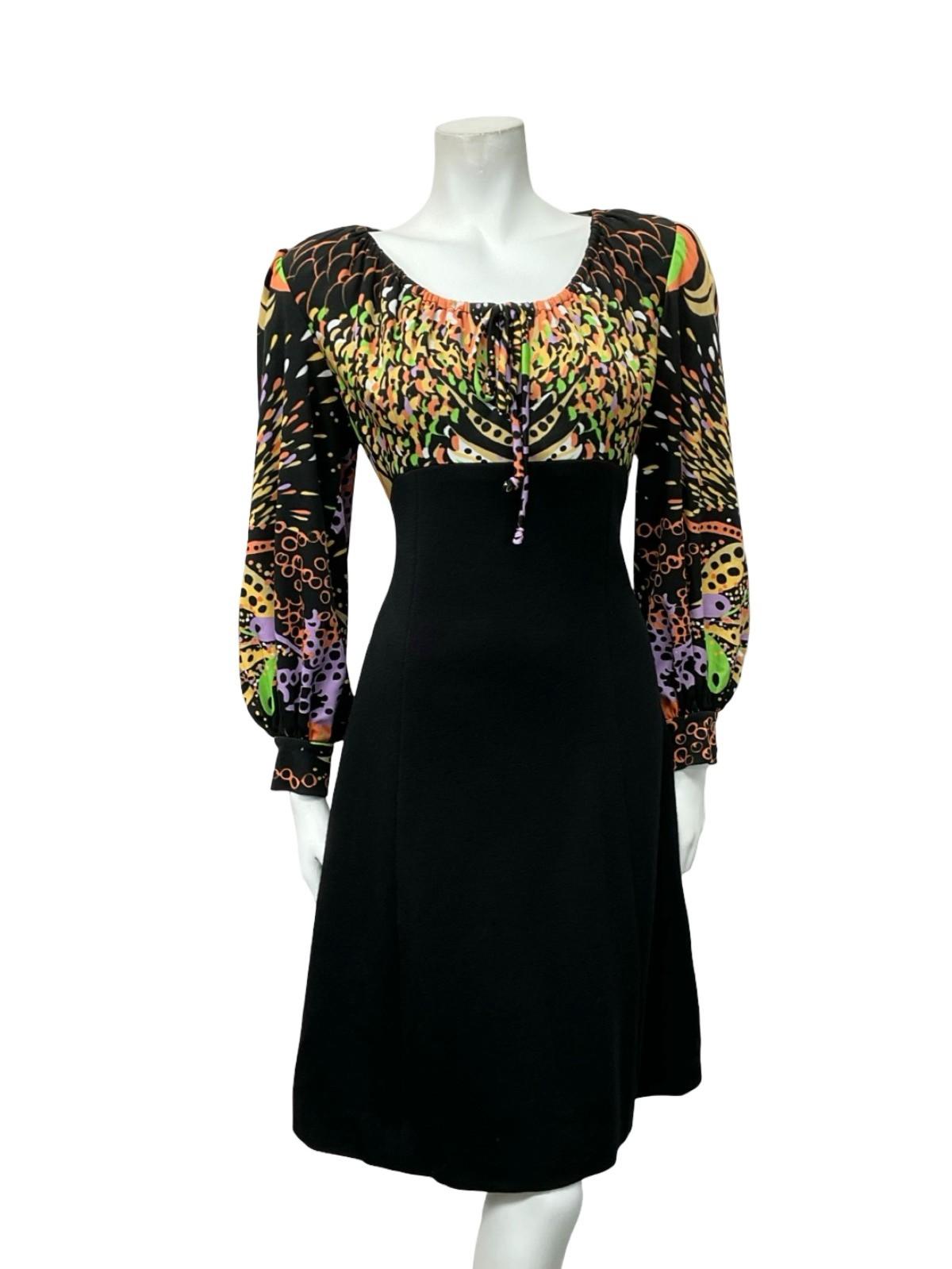 VTG BLACK PURPLE GREEN ORANGE YELLOW PSYCHEDELIC SWIRL EMPIRE MIDI DRESS 12