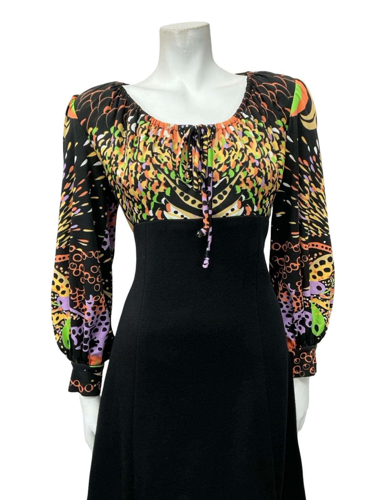 VTG BLACK PURPLE GREEN ORANGE YELLOW PSYCHEDELIC SWIRL EMPIRE MIDI DRESS 12
