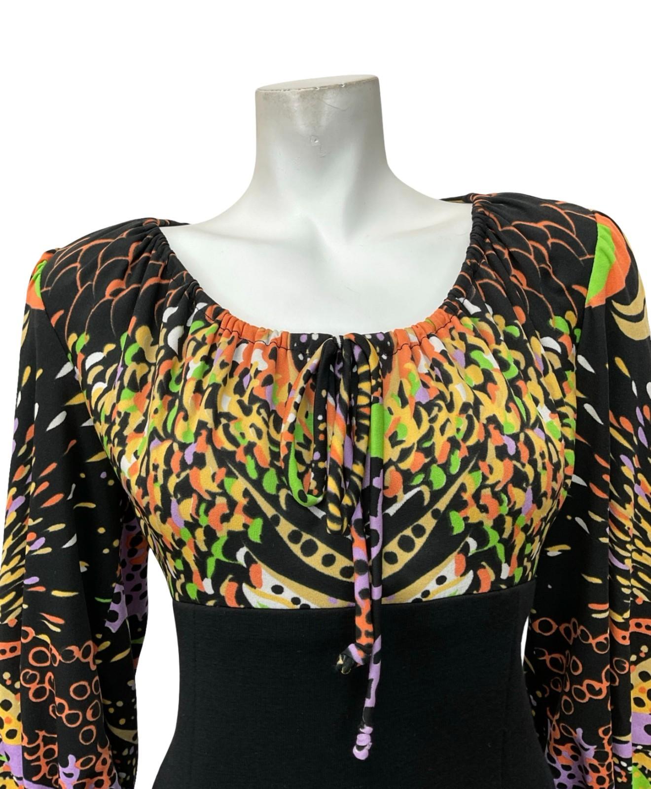 VTG BLACK PURPLE GREEN ORANGE YELLOW PSYCHEDELIC SWIRL EMPIRE MIDI DRESS 12