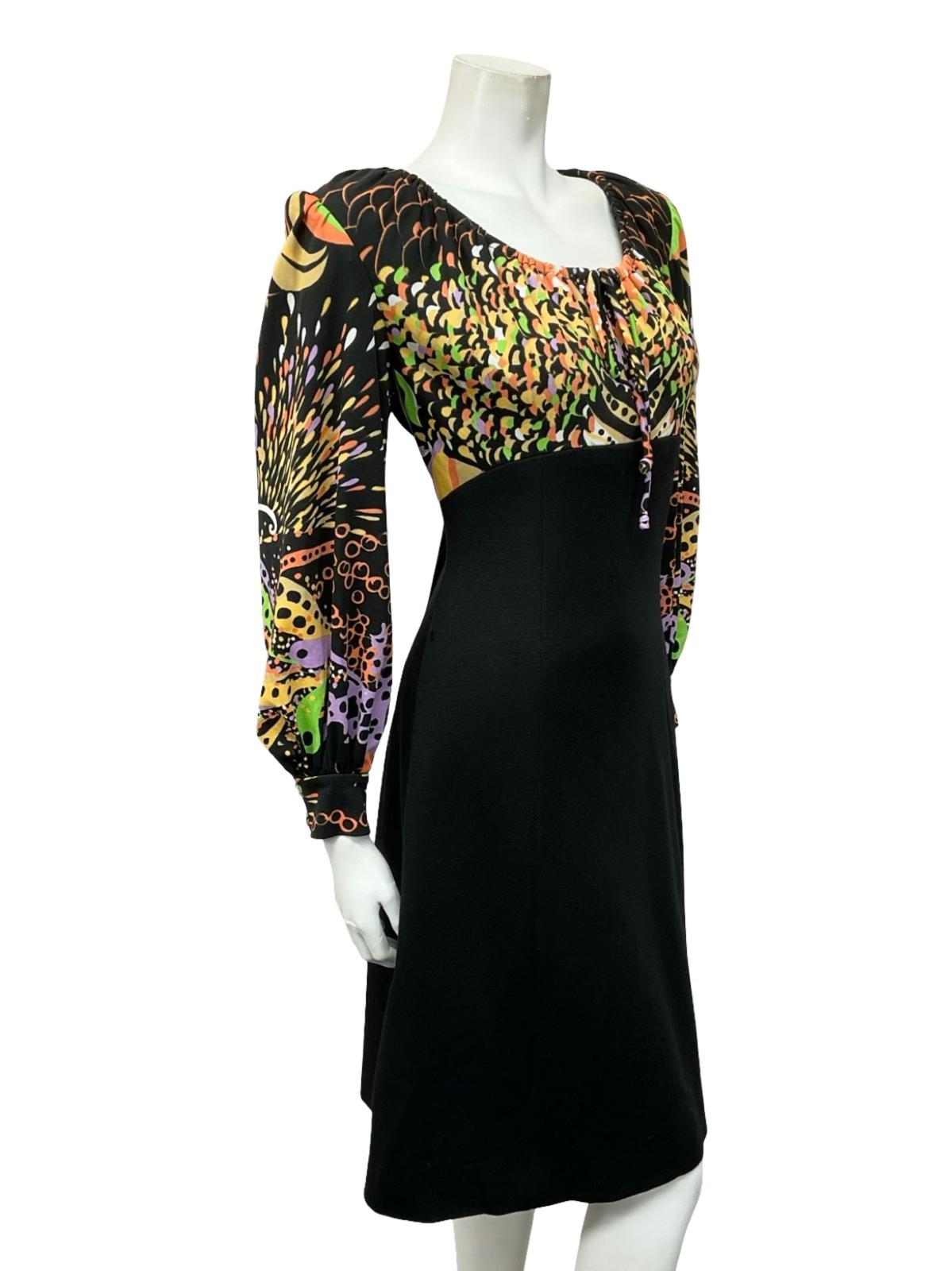 VTG BLACK PURPLE GREEN ORANGE YELLOW PSYCHEDELIC SWIRL EMPIRE MIDI DRESS 12
