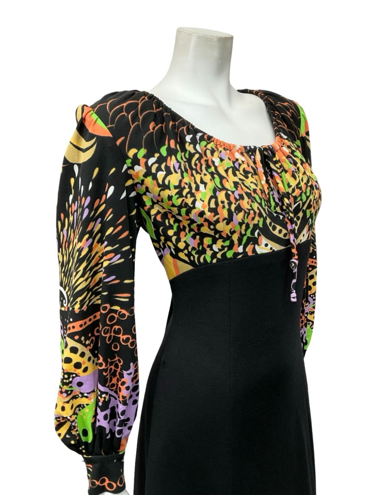 VTG BLACK PURPLE GREEN ORANGE YELLOW PSYCHEDELIC SWIRL EMPIRE MIDI DRESS 12