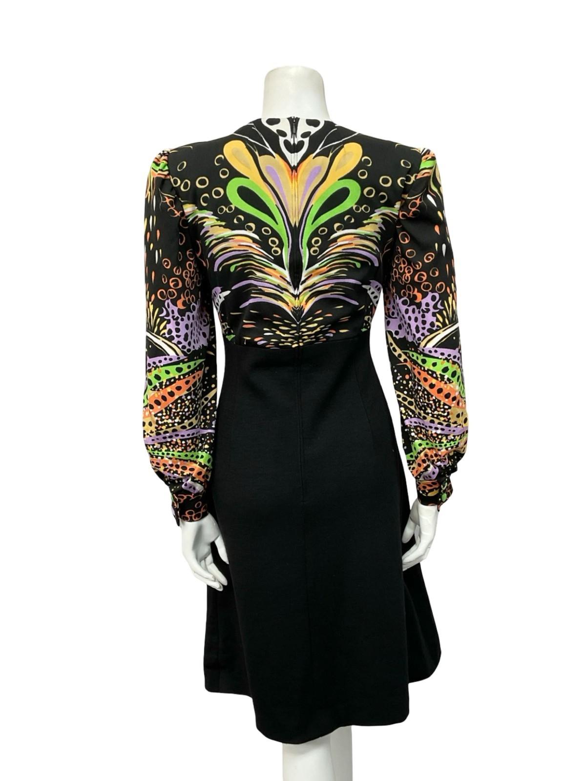 VTG BLACK PURPLE GREEN ORANGE YELLOW PSYCHEDELIC SWIRL EMPIRE MIDI DRESS 12
