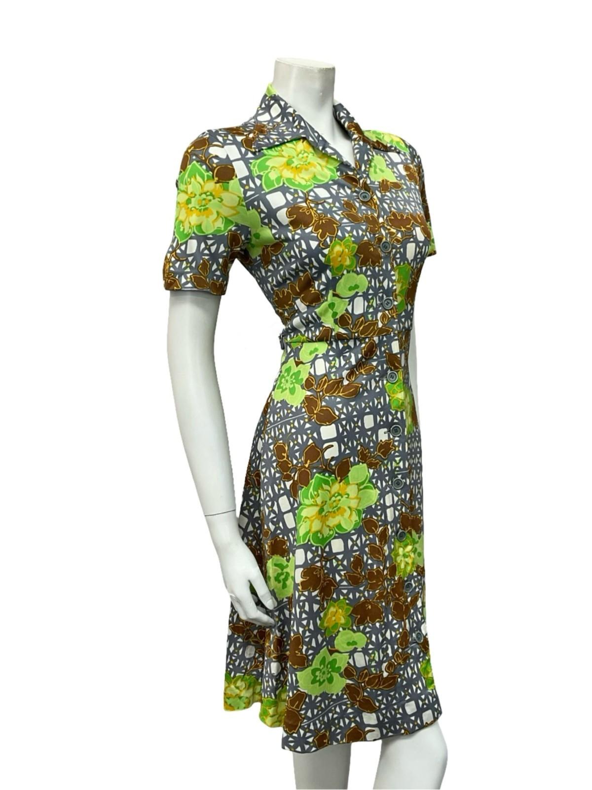 VTG 60S 70S WHITE GREY GREEN BROWN FLORAL GEOMETRIC DAGGER SHIRT DRESS 8