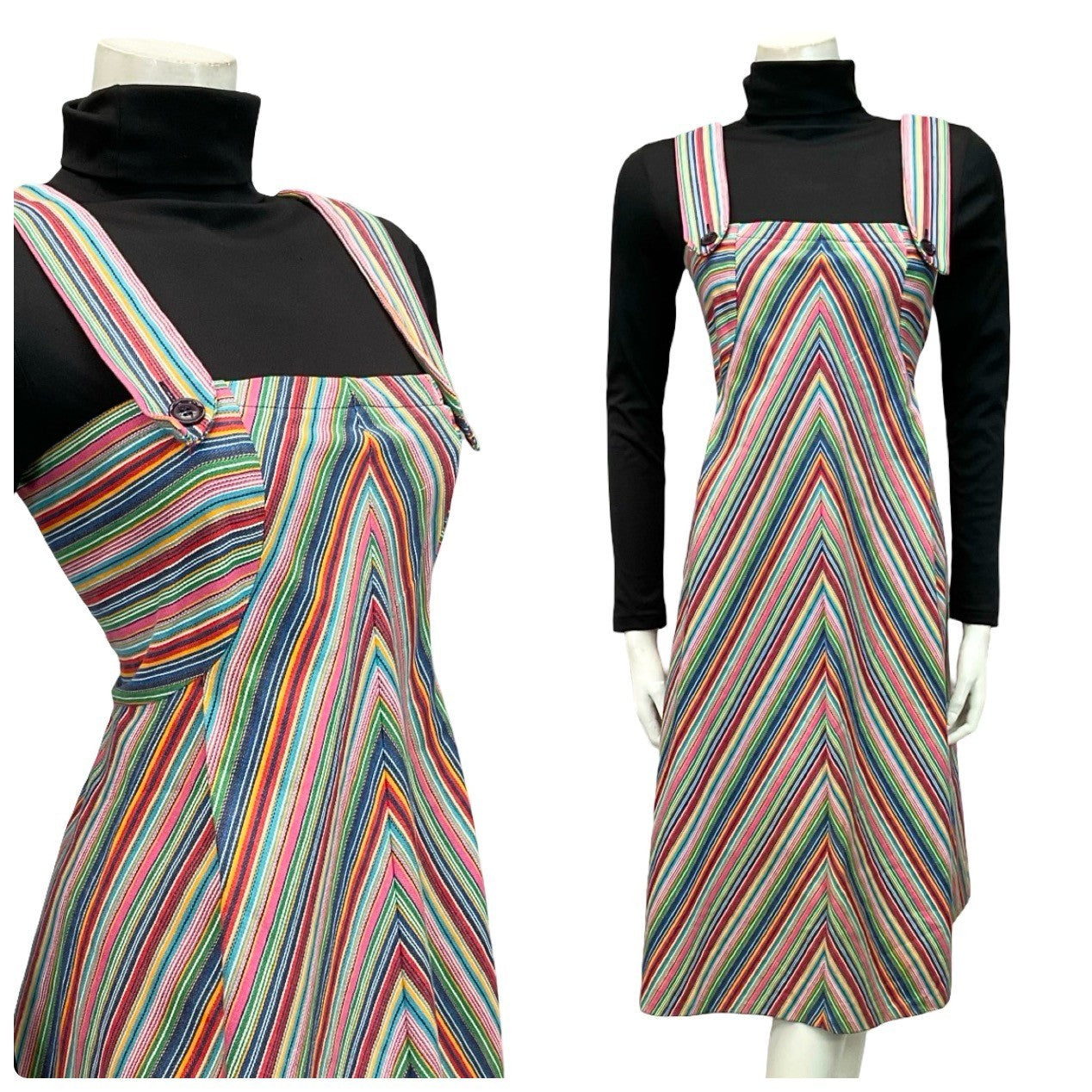 VTG 70S BLUE RED PINK YELLOW WHITE STRIPED MOD PINAFORE EMPIRE MIDI DRESS 10 12