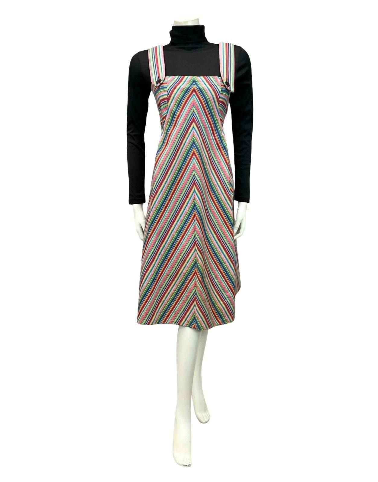 VTG 70S BLUE RED PINK YELLOW WHITE STRIPED MOD PINAFORE EMPIRE MIDI DRESS 10 12