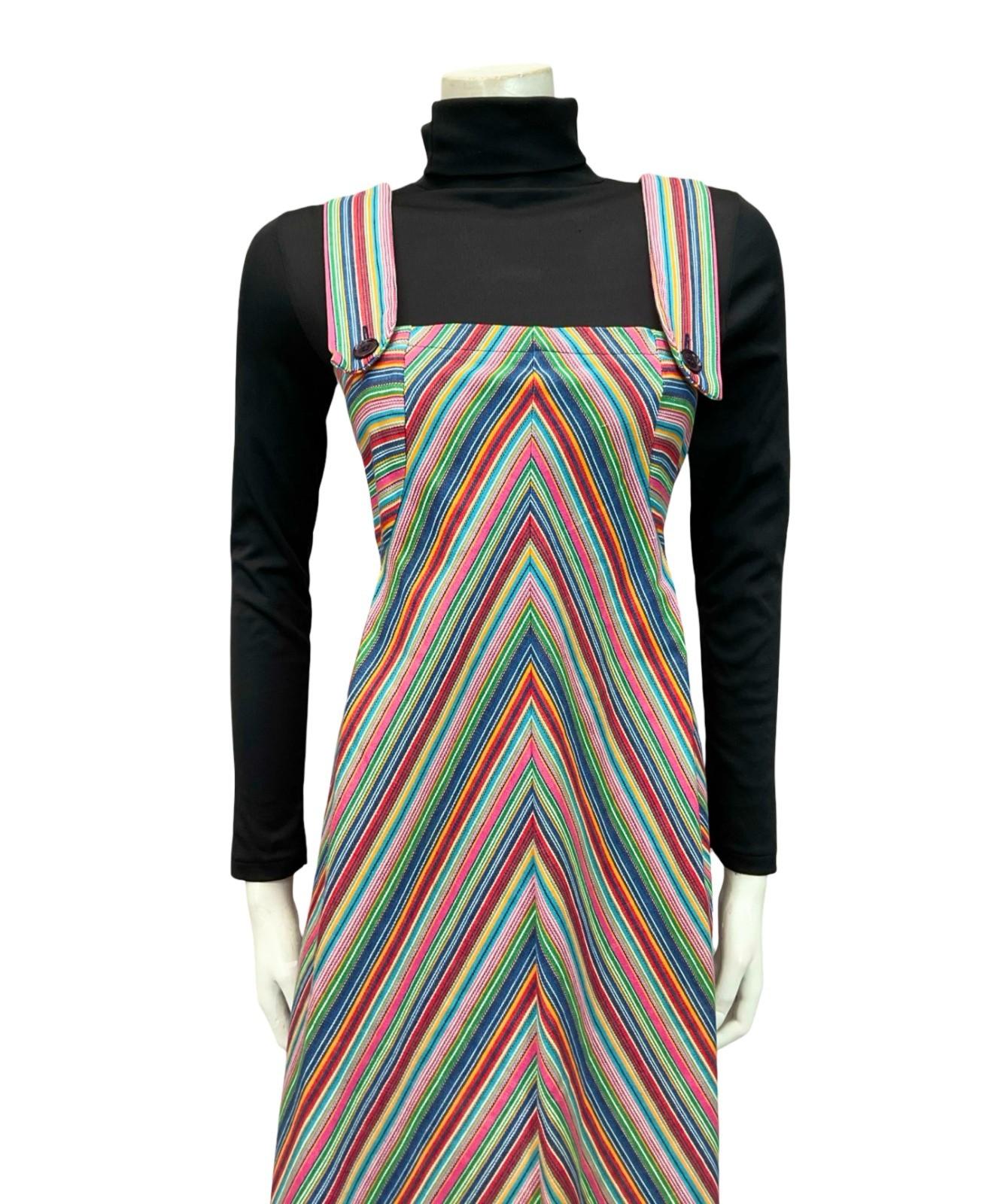 VTG 70S BLUE RED PINK YELLOW WHITE STRIPED MOD PINAFORE EMPIRE MIDI DRESS 10 12